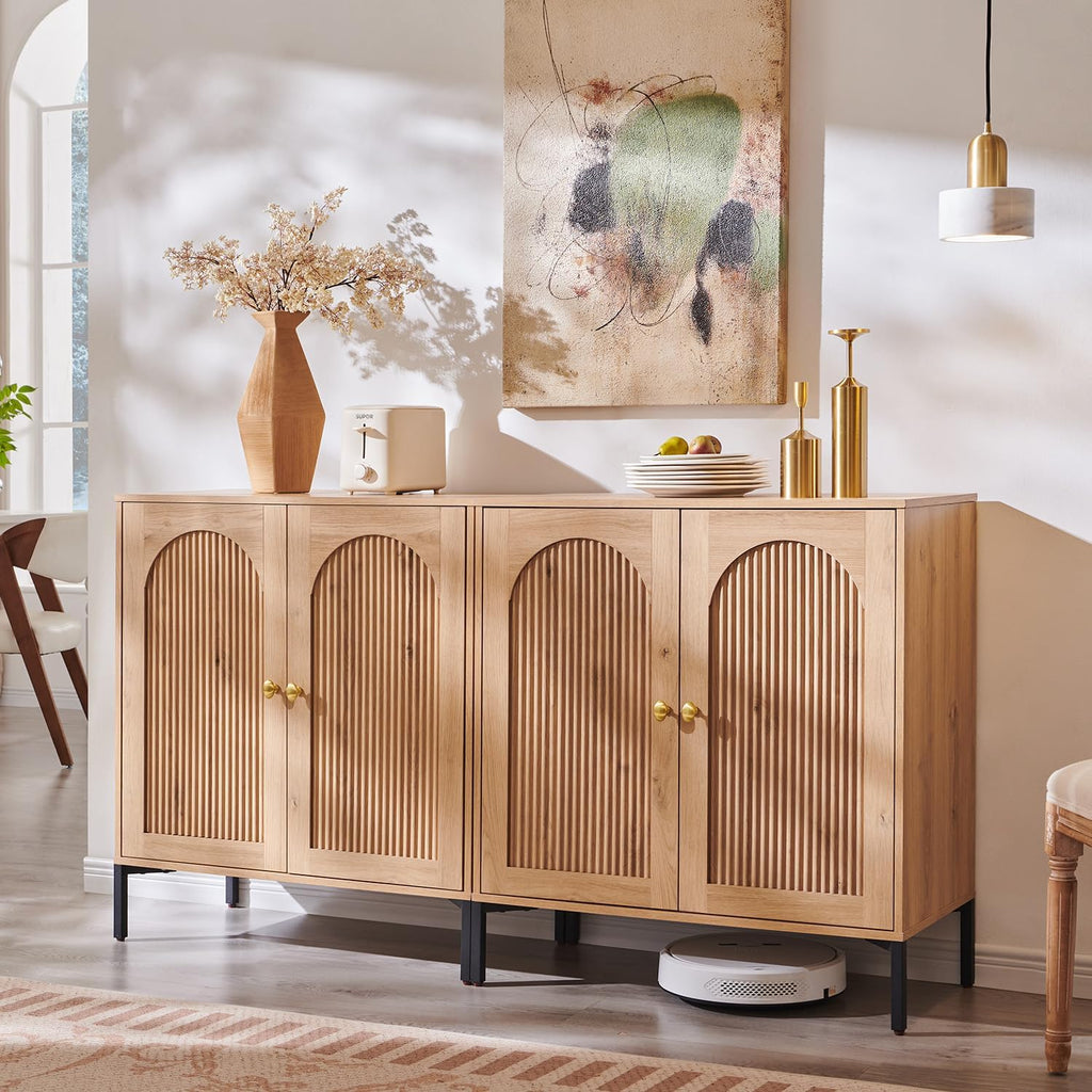 IFGET Modern Buffet Cabinet with Storage, 61.75' W Fluted Arched Sideboard Cabinet w/Adjustable Shelves, Wooden Modular Coffee Bar for Dining Room, Kitchen, Living Room, Entryway, Natural