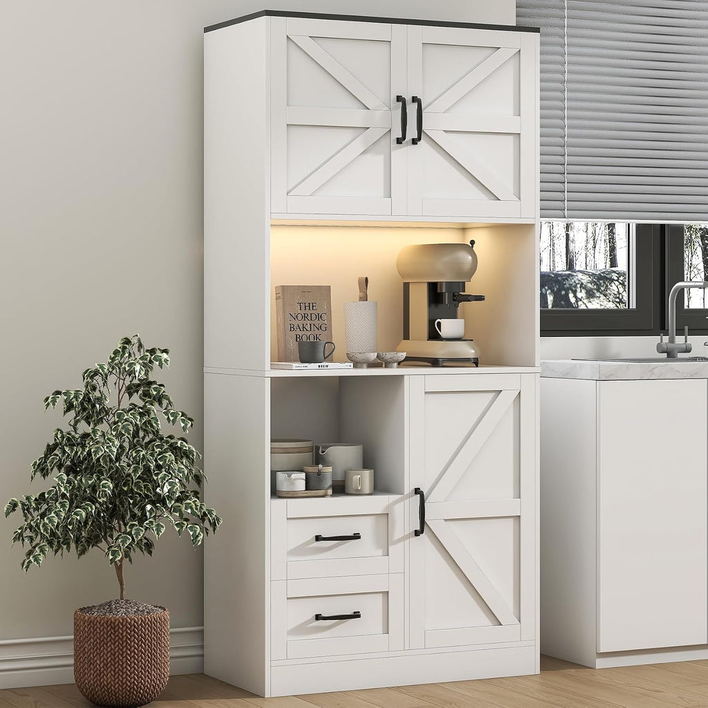 Kitchen Pantry Storage Cabinet with LED Lights and Power Strip, Tall Farmhouse Kitchen Pantry with Barn Doors and Drawers, Adjustable Shelves for Dining Living Room (White)