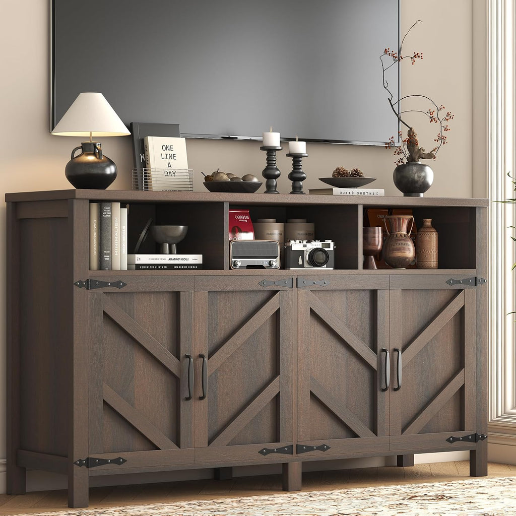 knoworld Buffet Sideboard with Storage Farmhouse with 4 Doors, 55'' Large Kitchen Storage Cabinet Wood Coffee Bar Cabinet Buffet Table with Shelves for Kitchen, Dining Room, Entryway (Brown, 55in)
