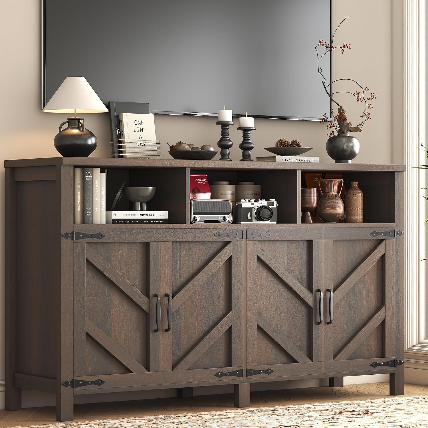 knoworld Buffet Sideboard with Storage Farmhouse with 4 Doors, 55'' Large Kitchen Storage Cabinet Wood Coffee Bar Cabinet Buffet Table with Shelves for Kitchen, Dining Room, Entryway (Brown, 55in)