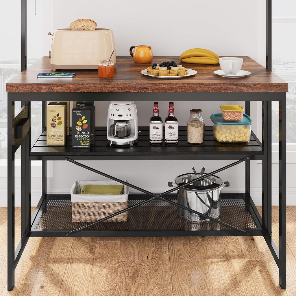 Multifunctional Kitchen Island, Kitchen Counter Prep Table with 3-Tier Shelves, Island Table for Kitchen with Storage & Power Outlet, Bakers Rack, 5 Hooks Kitchen Coffee Station