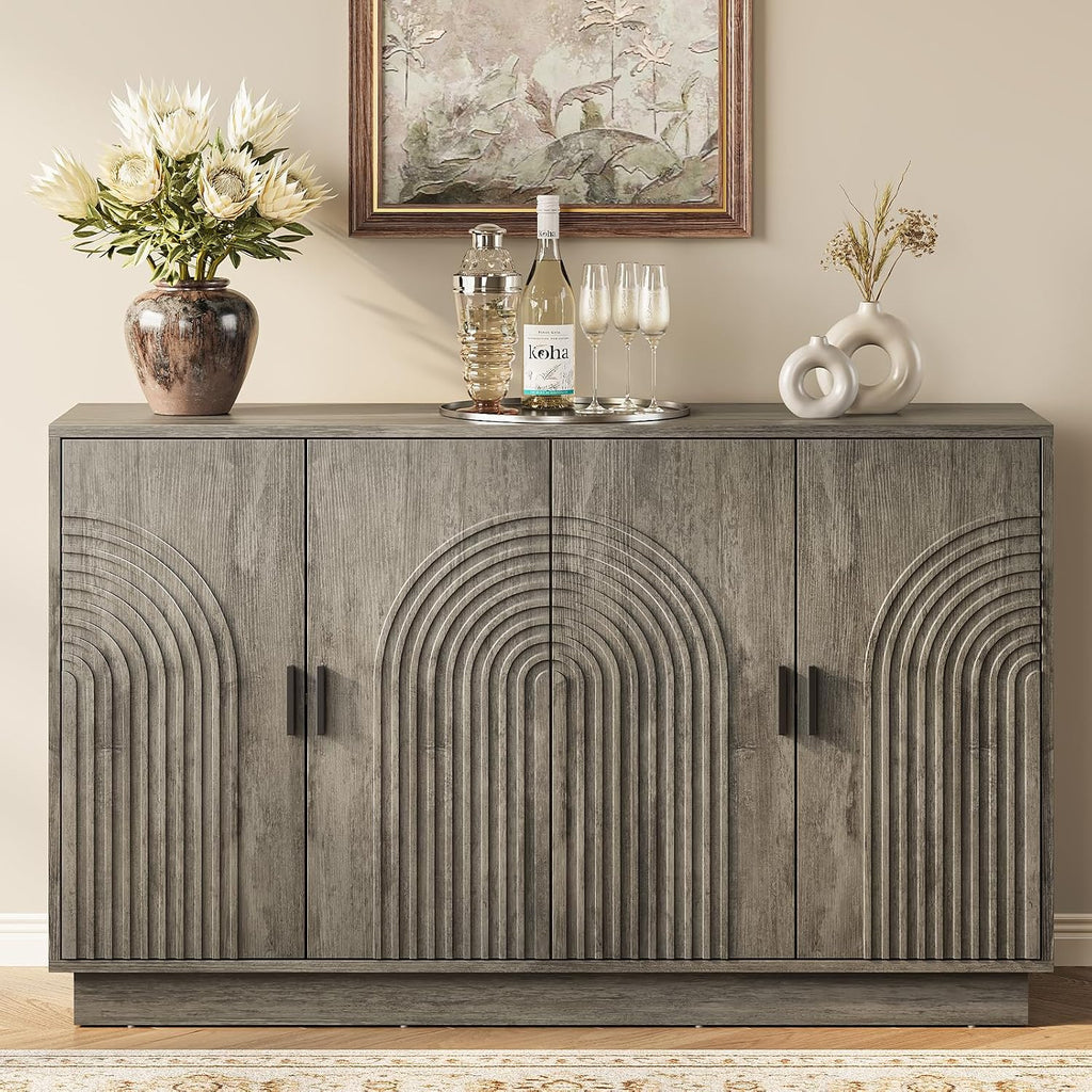 Fluted Sideboard Buffet Cabinet with Storage - 57' Credenza Coffee Bar Cabinet with 4 Doors, Accent Kitchen Storage Cabinets with Adjustable Shelves for Living & Kitchen, Entryway, Modern