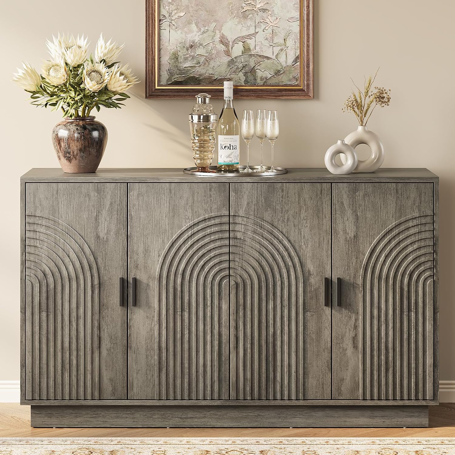Fluted Sideboard Buffet Cabinet with Storage - 57' Credenza Coffee Bar Cabinet with 4 Doors, Accent Kitchen Storage Cabinets with Adjustable Shelves for Living & Kitchen, Entryway, Modern
