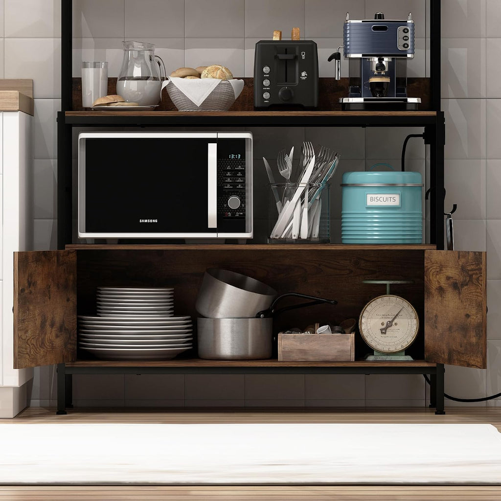 5-Tier Kitchen Bakers Rack with Power Outlet,Industrial Microwave Oven Stand, Utility Storage Shelf,Free Standing Kitchen Utility Cart Storage Shelf Organizer with Hooks