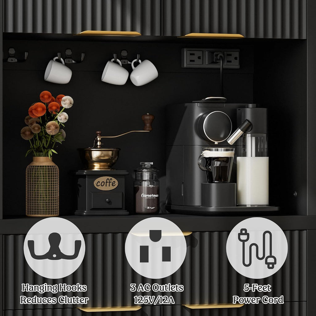 Lulive 71' Fluted Pantry Cabinet with Charging Station, Black | Adjustable Shelves, Open Countertop, Drawer, Spacious Kitchen Storage