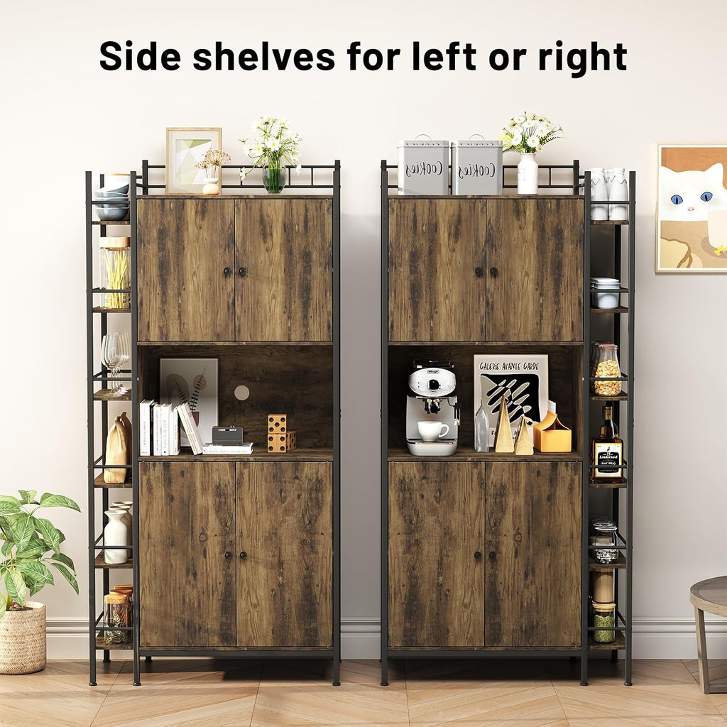 Industrial Style Kitchen Pantry Storage Cabinet, Brown Tall Kitchen Hutch with Microwave Stand, Food Pantry Cabinet with Side 6 Shelves and 2 Doors for Dining Room, Living Room