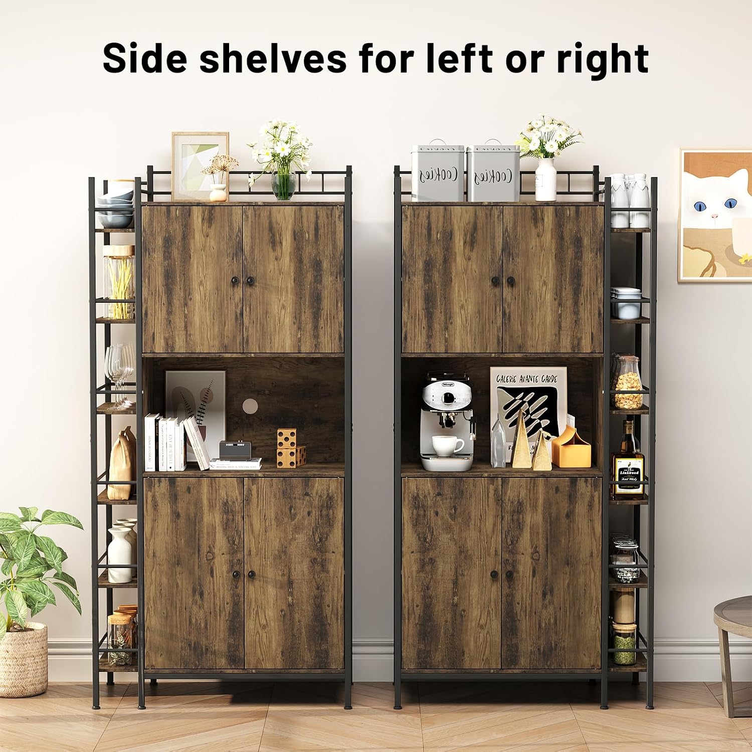 Industrial Style Kitchen Pantry Storage Cabinet, Brown Tall Kitchen Hutch with Microwave Stand, Food Pantry Cabinet with Side 6 Shelves and 2 Doors for Dining Room, Living Room
