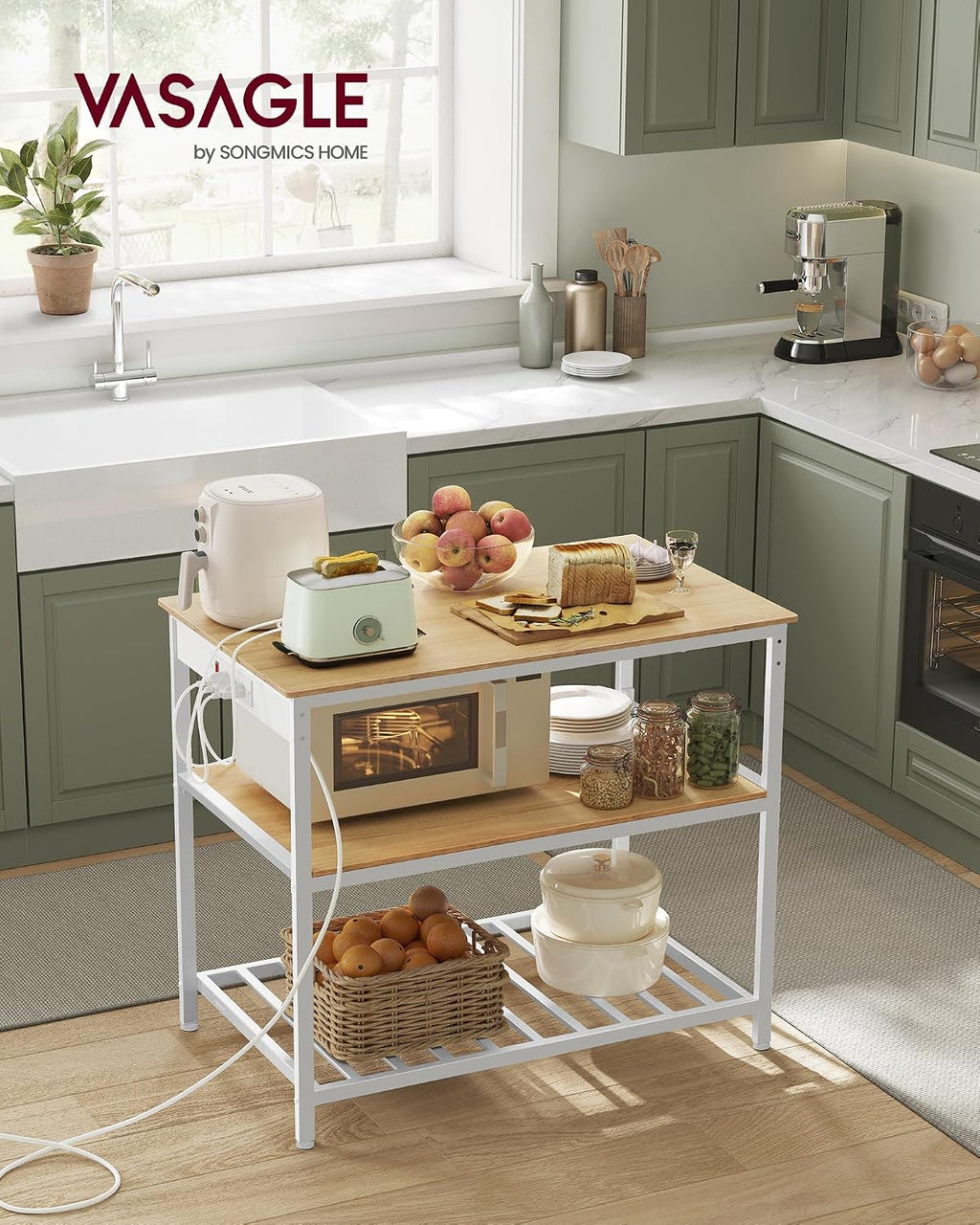VASAGLE Kitchen Island with 3 Shelves, Kitchen Shelf with Power Strip, 23.6 x 39.4 x 34.9 Inches, Large Worktop, Steel Structure, Industrial, Easy to Assemble, Oak Color and White UKKI105Y01