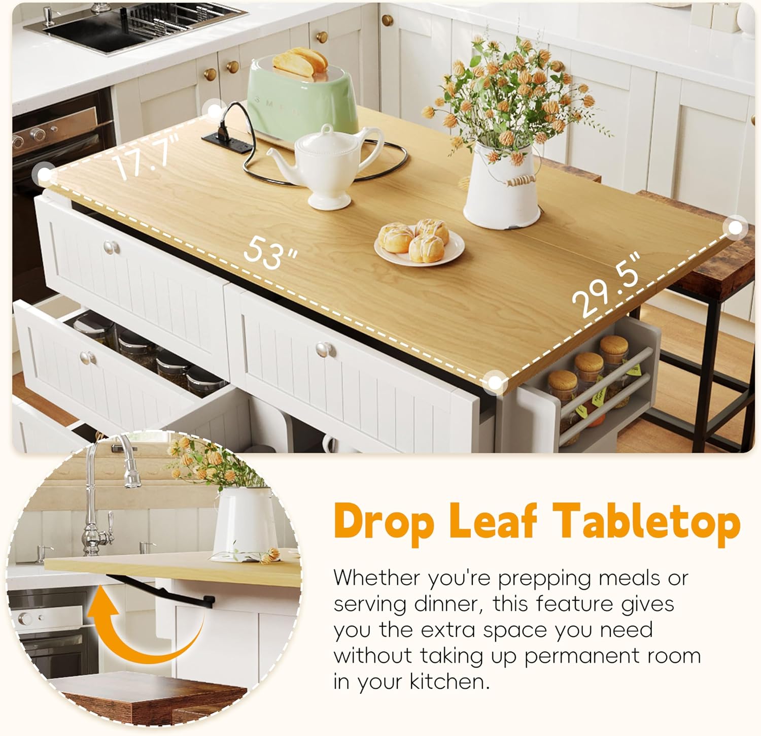Farmhouse Kitchen Island with Drop Leaf and 2 Seatings, Kitchen Table Set with Storage Cabinet, Drawers, Door Shelves and Power Outlet, White+Rustic Brown