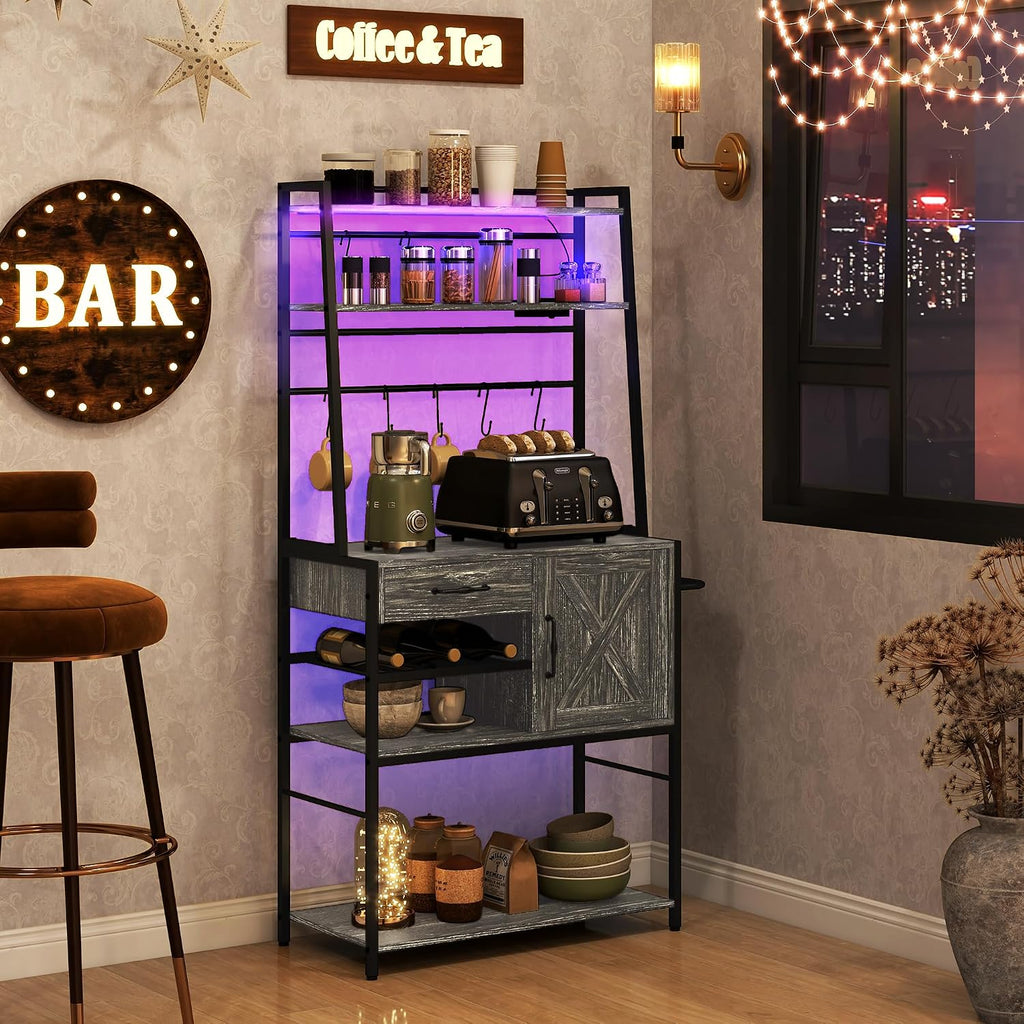 Rack with Power Outlet and LED Lights, Coffee Bar with Storage Shelves, Industrial Microwave Stand with Wine Bottle Rack, Drawer, Barn Door Cabinet, Distressed Gray