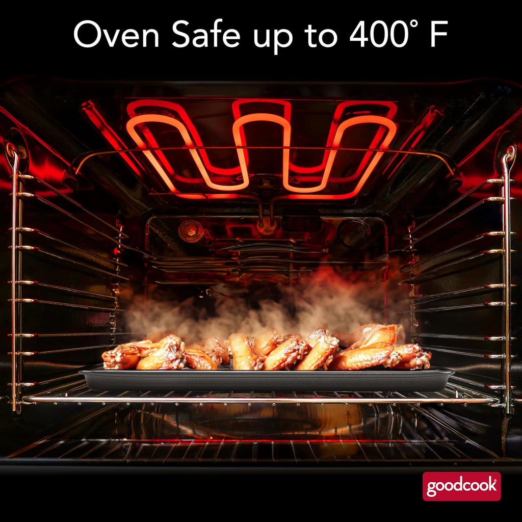 GoodCook 15' x 10.5' Nonstick Carbon Steel Baking Pan & Raised Wire Rack – Pizza Crisper,Crispy Bacon,Multipurpose Cooking Sheet Pan,Cooling Rack,Kitchen Cookware Set,Dishwasher Safe,(Pack of 12)