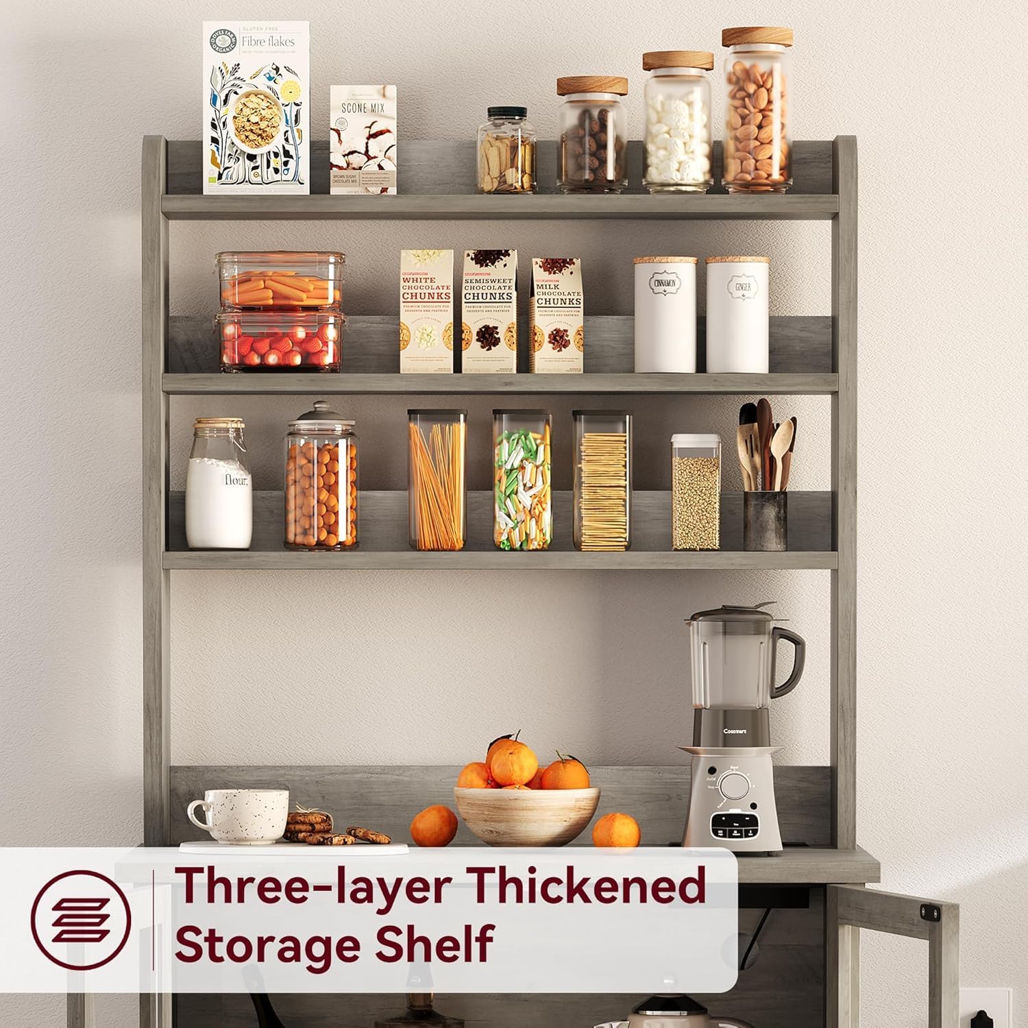 GAOMON Farmhouse Bakers Rack with Storage Cabinet and Power Outlets, Kitchen Pantry Organizer Hutch with Thickened Countertop, Microwave Stand with USB Ports, Multi-Shelf Storage, Gray