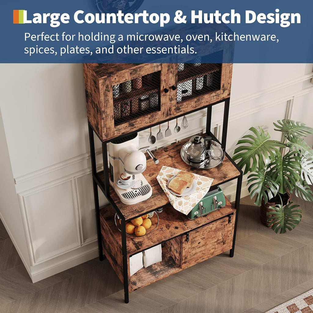 TrailBlaze Industrial Kitchen Bakers Rack with 5-Tier Storage – Microwave Stand, Power Outlet, Cabinets & Open Shelves – Farmhouse Coffee Bar Utility Shelf for Dining Room or Living Room, Brown