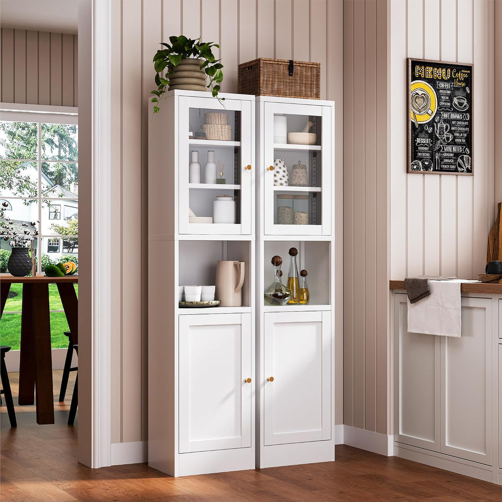 YAUWOH Metal Storage Cabinet with Glass Door, Tall Slim Pantry Organizer with 3 Adjustable Shelves (120LBS/Shelf), Anti-Tipping Waterproof Cabinet for Kitchen/Home Office/Small Spaces,(1PC,White)