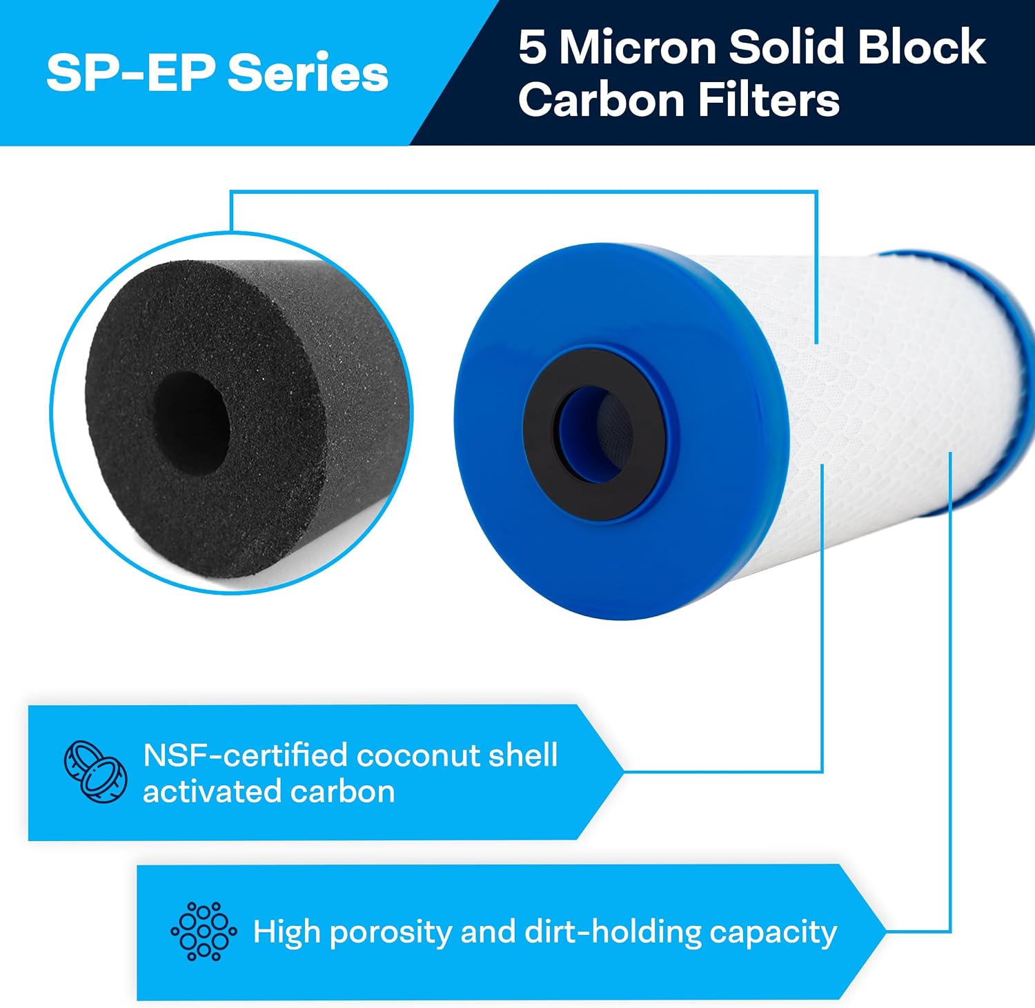 SpiroPure SP-EP-BB 10x4.5 5 Micron NSF Certified Coconut Shell Carbon Block Water Filter Cartridge EP-BB 155548-43 CB-45-1005 (Case of 6)