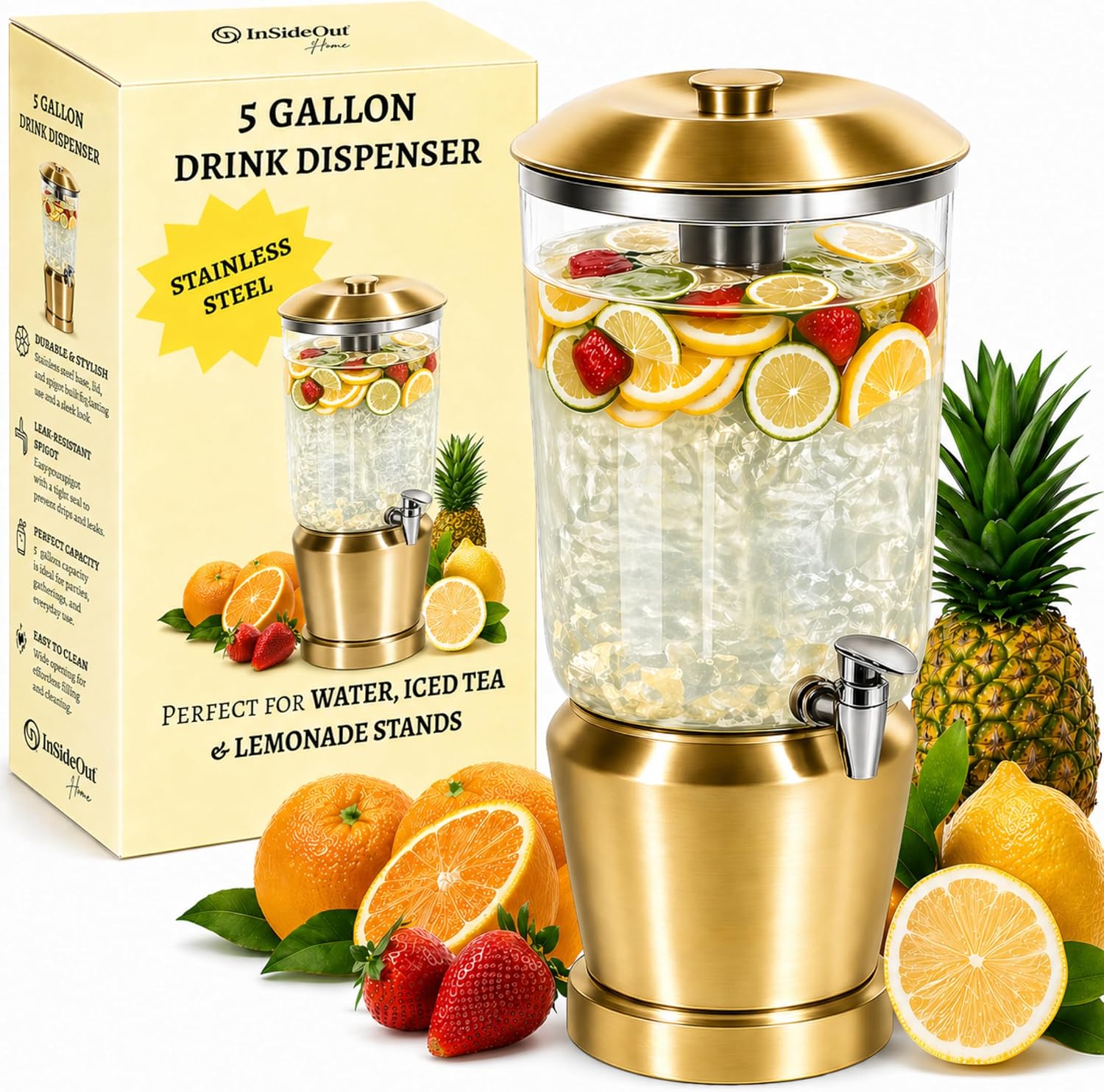 Drink Dispenser with Ice Chambers, Lemonade Tea Water Dispenser with Spigot, Stainless Steel Beverage Jar Jug, Perfect for Home Parties, Weddings, Gifts & Events (Gold, 5, Gallons)
