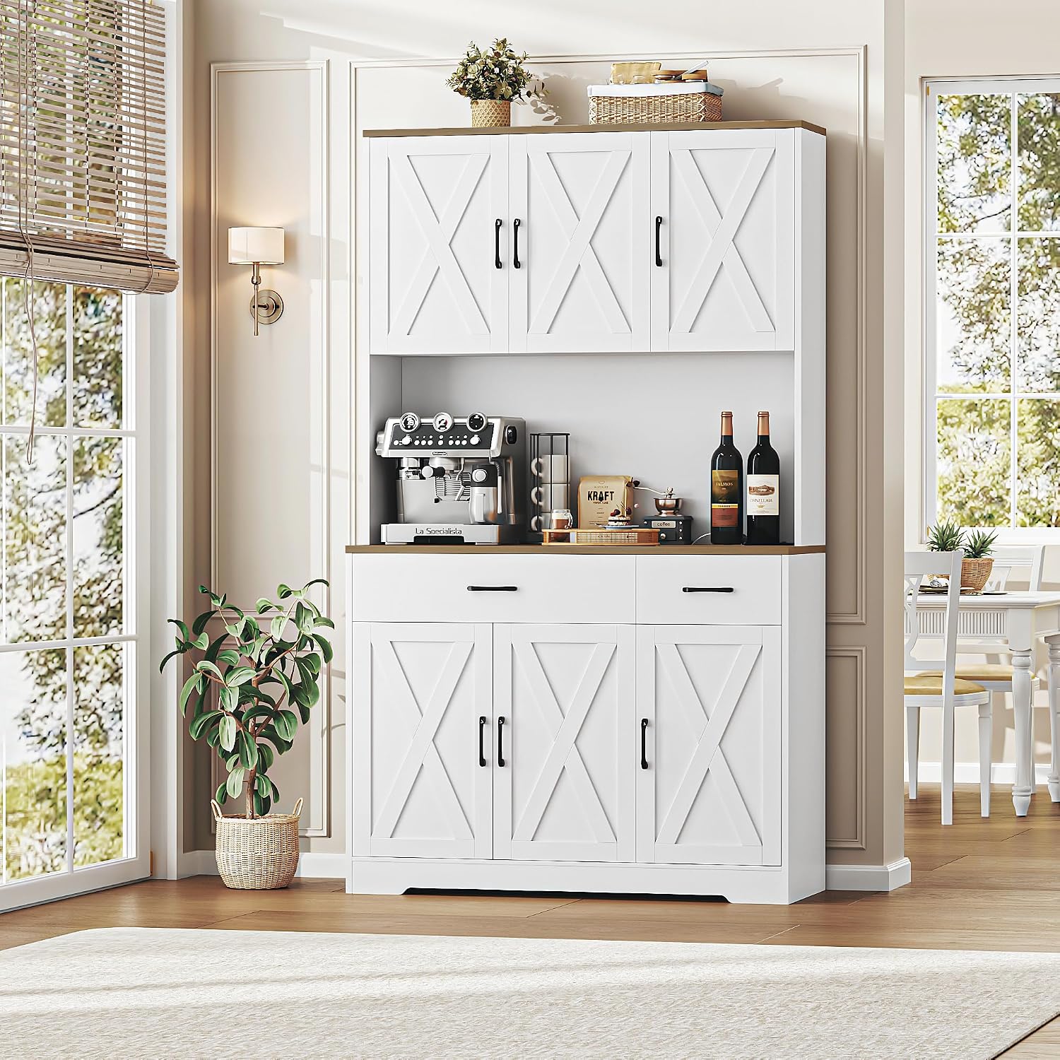 HOSTACK 71' Pantry Cabinet with Charging Station, Tall Kitchen Pantry Storage Cabinet with Microwave Stand, Farmhouse Kitchen Hutch with Storage Drawers for Living Room, Dining Room, White
