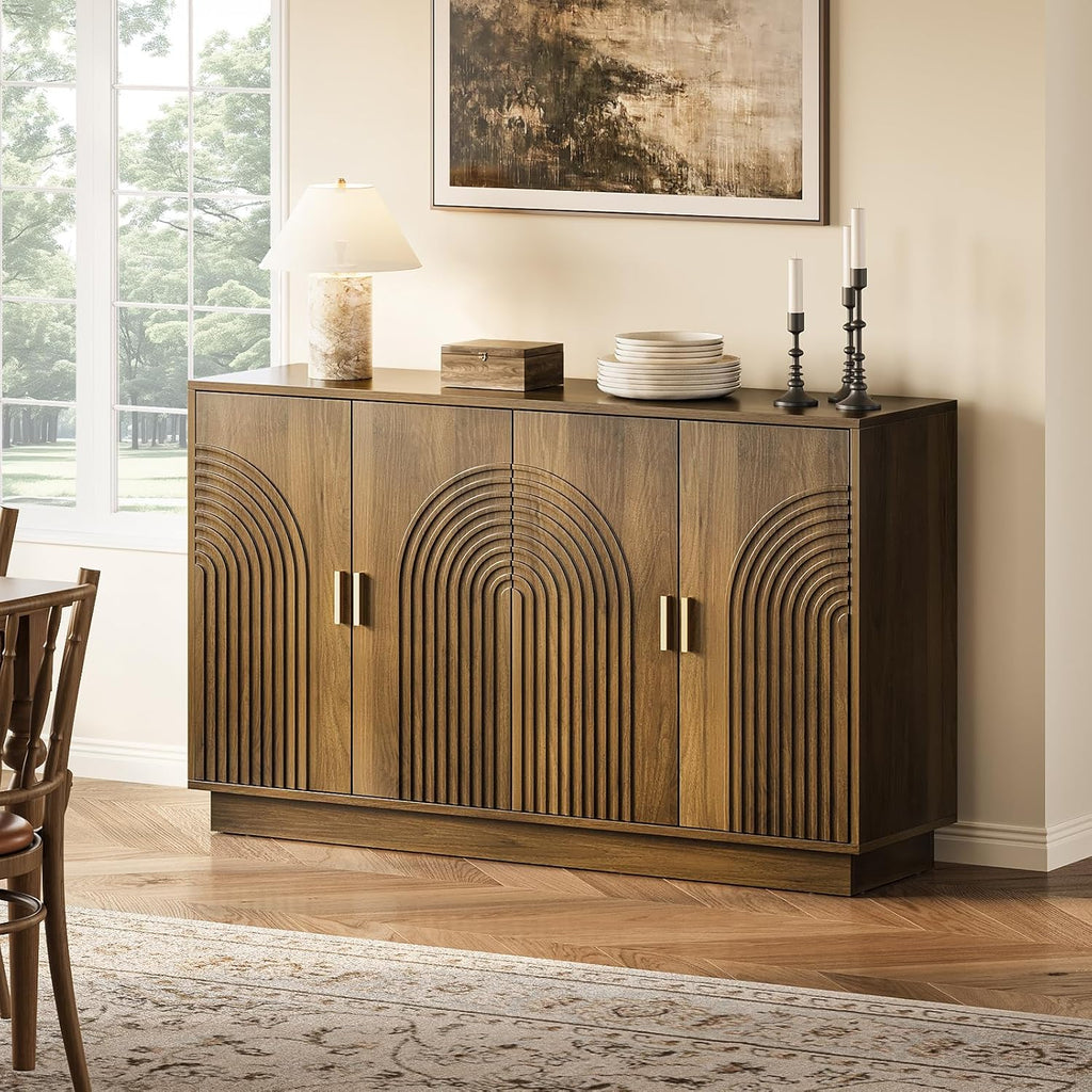 Fluted Sideboard Buffet Cabinet with Storage - 57' Credenza Coffee Bar Cabinet with 4 Doors, Accent Kitchen Storage Cabinets with Adjustable Shelves for Living Room & Kitchen, Entryway, Walnut