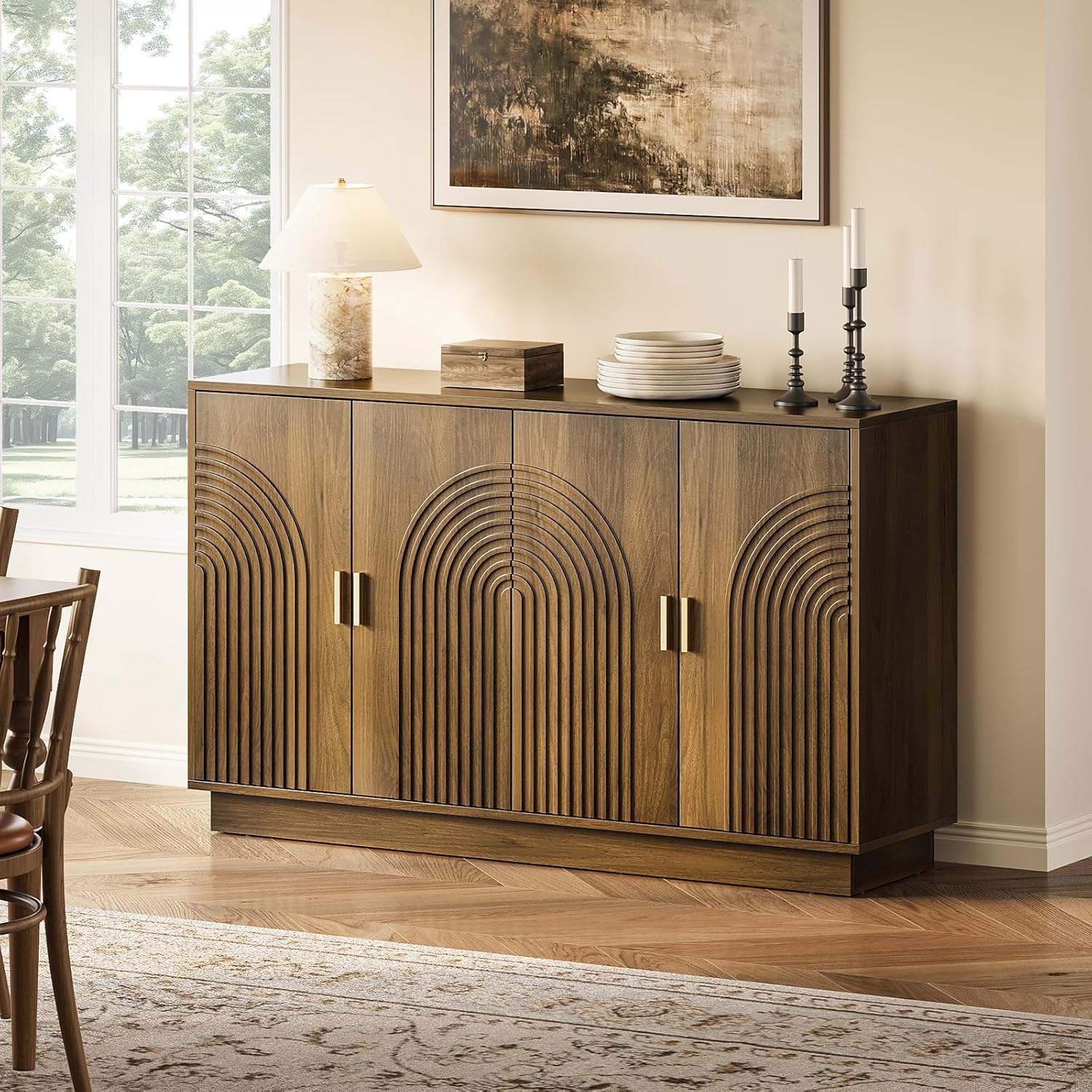 Fluted Sideboard Buffet Cabinet with Storage - 57' Credenza Coffee Bar Cabinet with 4 Doors, Accent Kitchen Storage Cabinets with Adjustable Shelves for Living Room & Kitchen, Entryway, Walnut