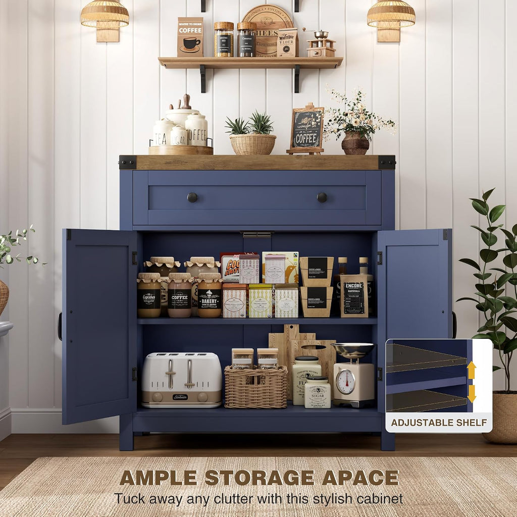 HOSTACK Coffee Bar Cabinet, Kitchen Storage Cabinet, Modern Farmhouse Buffet Sideboard with Drawer & Adjustable Shelf, Barn Door Accent Cabinets for Kitchen, Dining Room, Entryway, Blue/Rustic Brown