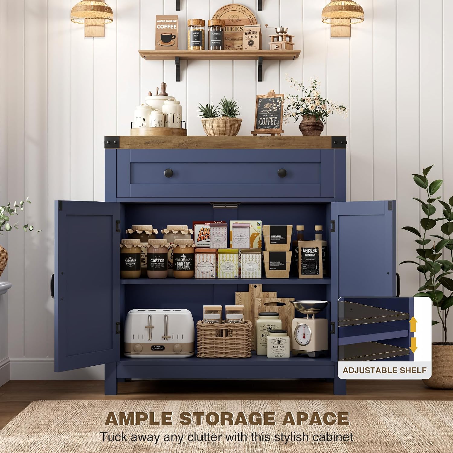 HOSTACK Coffee Bar Cabinet, Kitchen Storage Cabinet, Modern Farmhouse Buffet Sideboard with Drawer & Adjustable Shelf, Barn Door Accent Cabinets for Kitchen, Dining Room, Entryway, Blue/Rustic Brown