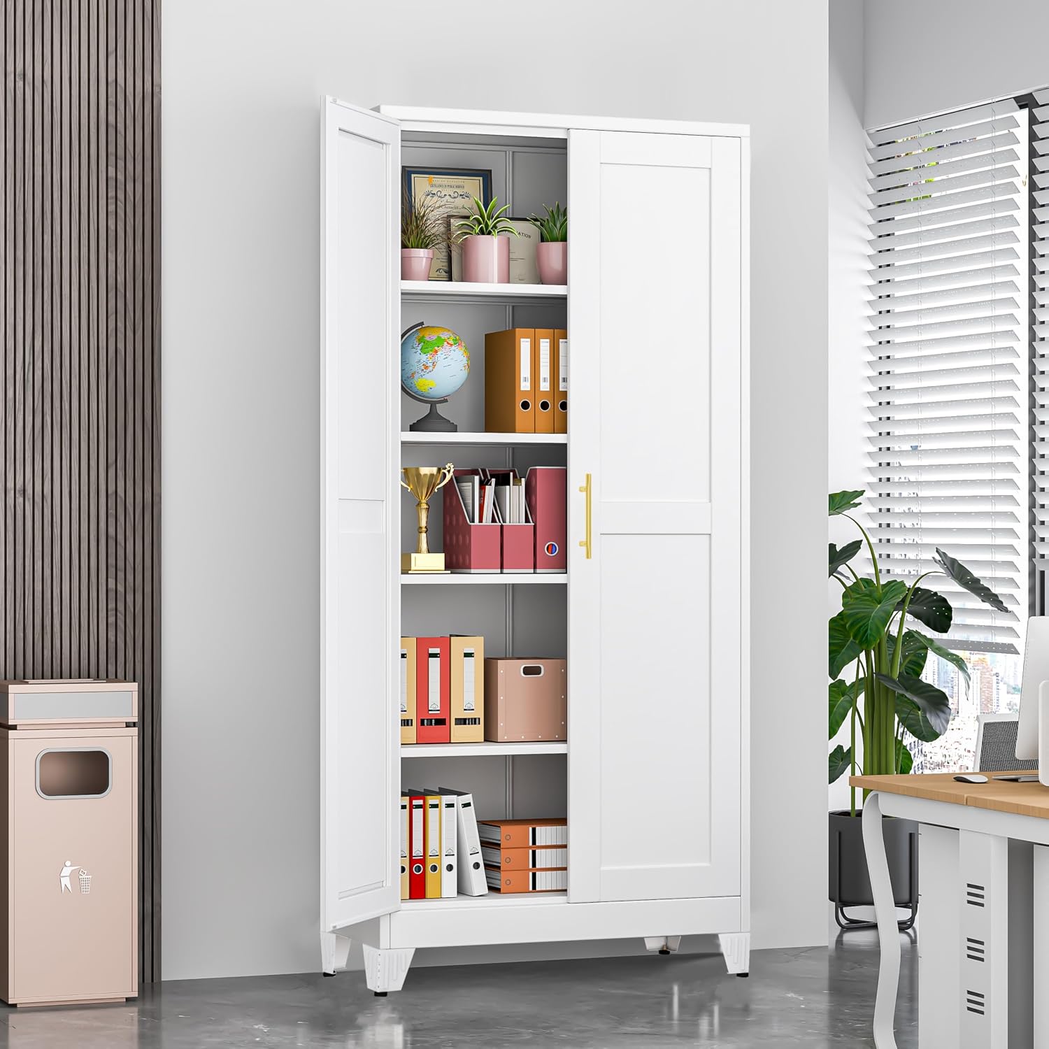 GAIOUS 71' Tall Metal Storage Cabinet with 2 Doors and 4 Adjustable Shelves, Kitchen Pantry Cabinet White Freestanding Cupboard, 5 Tier Multifunctional Steel Storage for Office, Kitchen, Dining Room