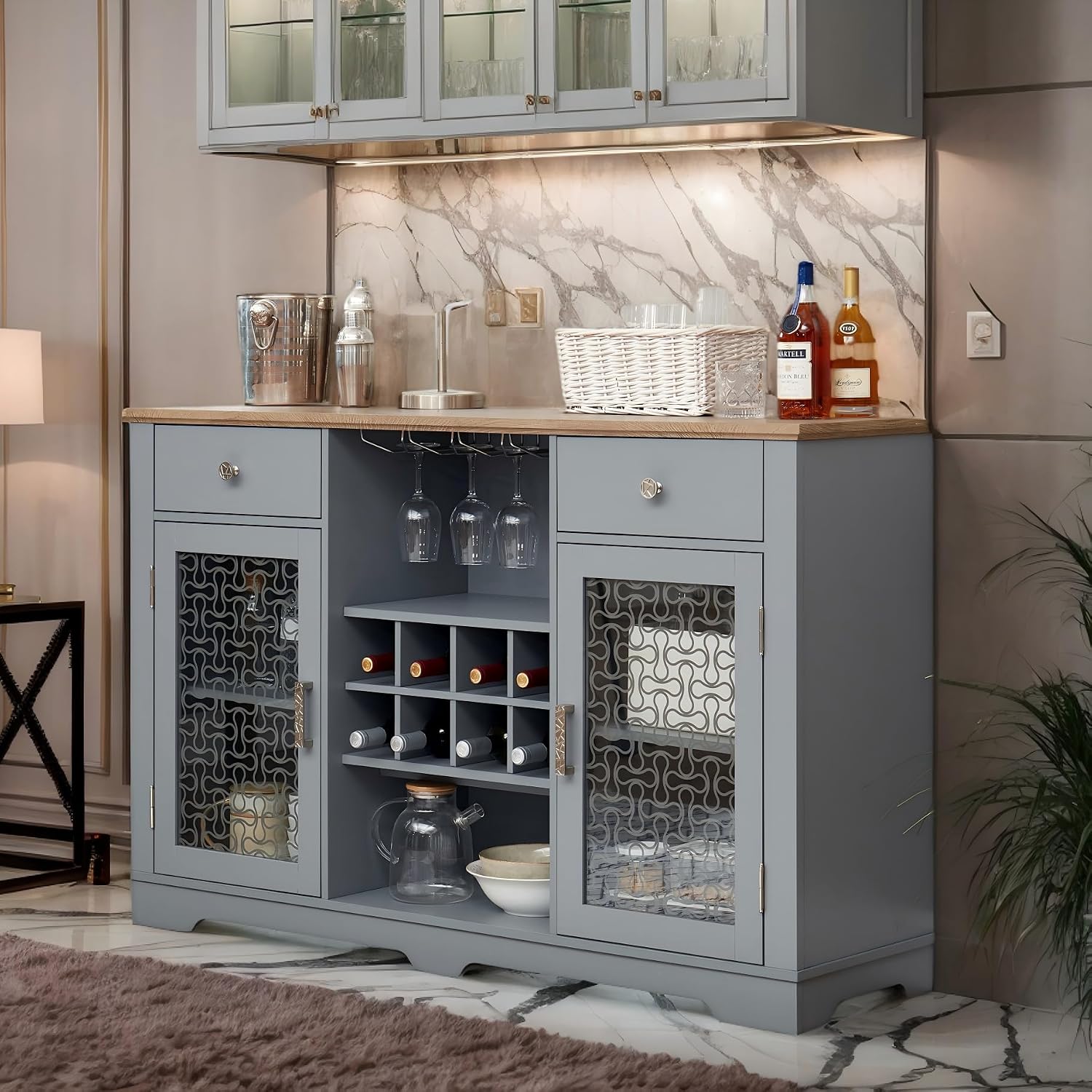 56' Blue Wine Coffee Bar Cabinet with Wine Rack & Drawers, Modern Buffet Cabinet with Tempered Glass Doors, Intricate Patterns for Kitchen, Living Room, Dining Room