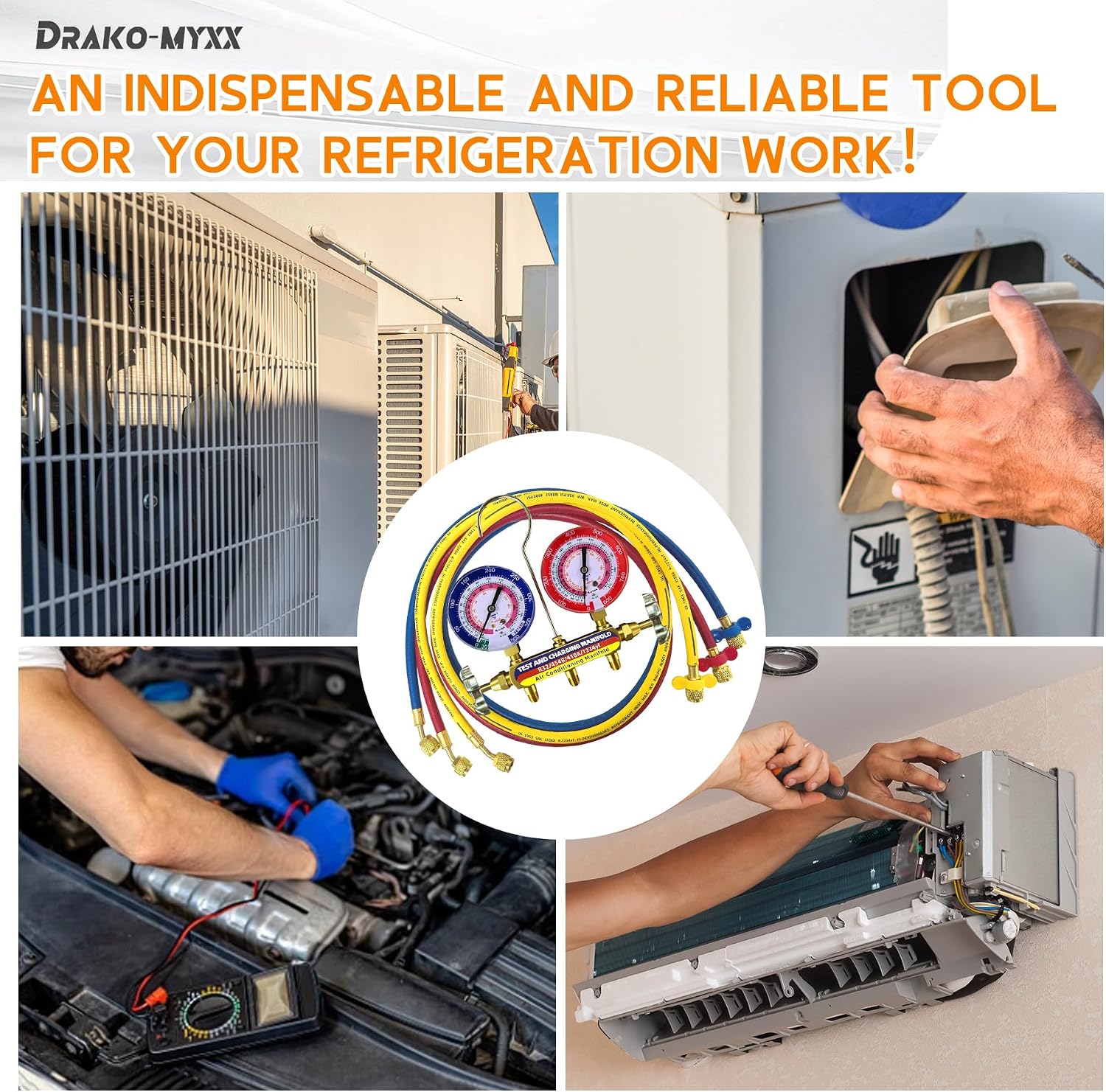 Upgrade 42036 Test & Charging Manifold with 3-1/8'(80 mm) Gauges, A2L Compatible, 2-Valve, 60' Refrigerant Hose, Color-Coded Scales, HVAC Manifold for R32/454B/410A/1234yf,Y/R/B Hoses