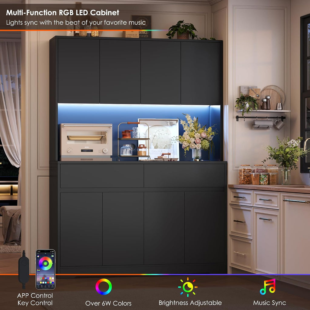 FINETONES 71' Tall Pantry Cabinet with LED Lights and Charging Station, 47.2' Wide Kitchen Pantry Storage Cabinet Kitchen Hutch with Microwave Stand, Tall Storage Cabinet for Living Room, Black