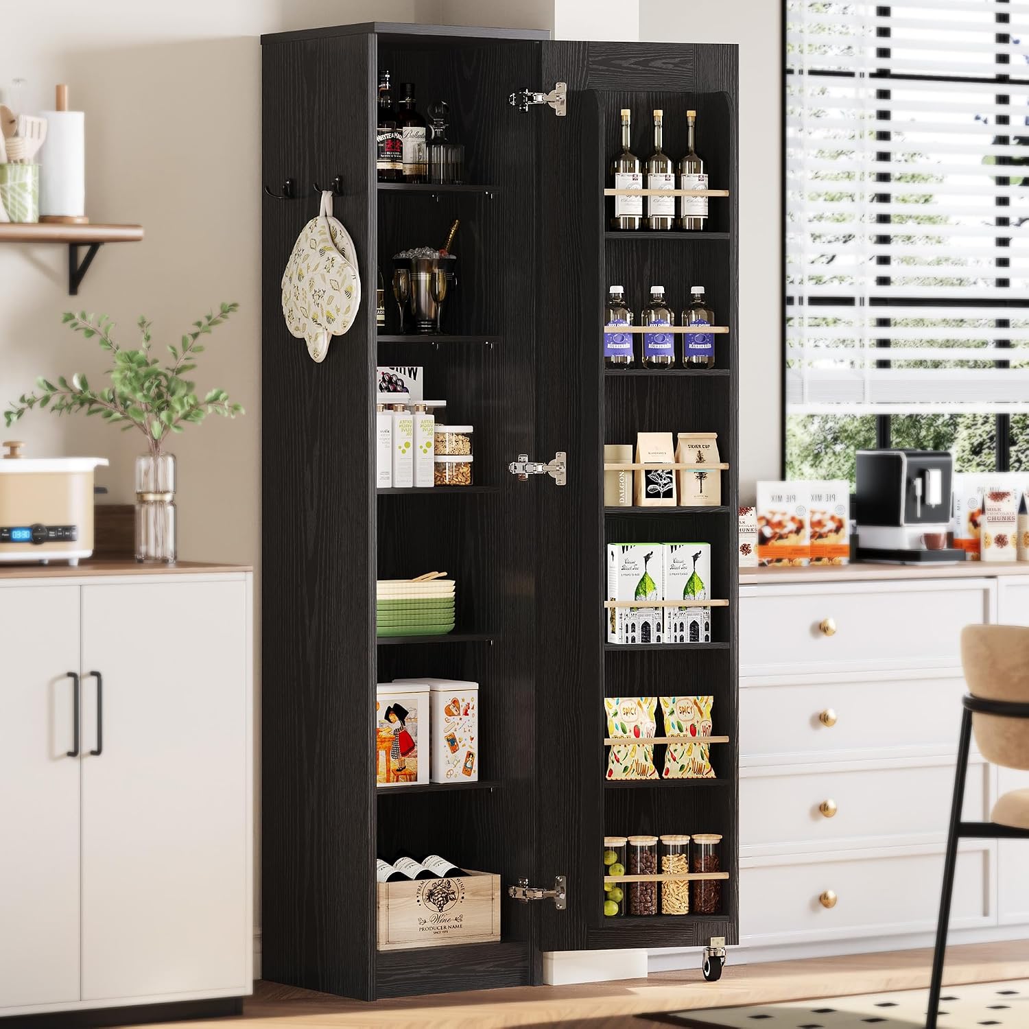 IRONCK Narrow Kitchen Pantry Storage Cabinet, 72' Slim Single Door with 6 Adjustable Shelves, Door Rack and Wheels, Space Saving Freestanding Storage Floor Cabinet for Small Place, Black