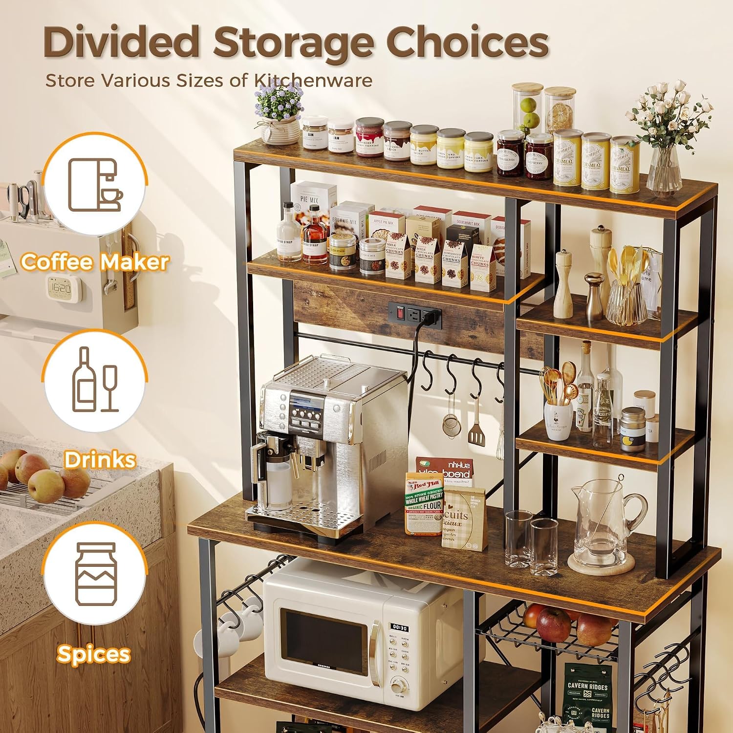 Adrinfly Large 6 Tier Kitchen Bakers Rack with Power Outlets 39.4 x 14.6 x 66.9 Inch 1 Piece