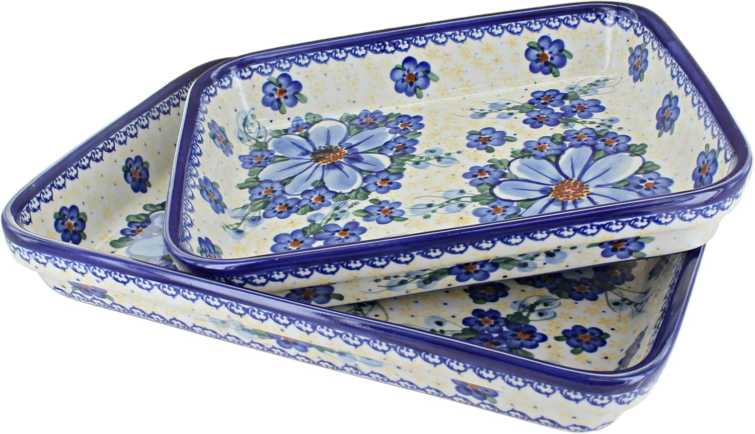 Blue Rose Polish Pottery - Blue Daisy Surprise Rectangular Baker Set - 2 Bakers - Unique, Dishwasher Safe, & Durable Bakeware