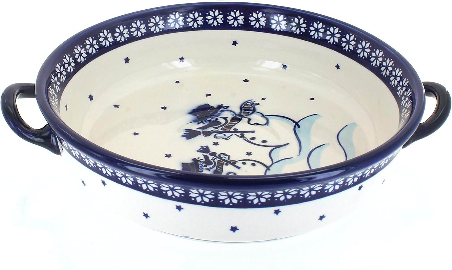 Blue Rose Polish Pottery - Blue Frosty Friend Round Casserole with Handles - 10.25' Diameter - Unique, Dishwasher Safe, & Durable Bakeware