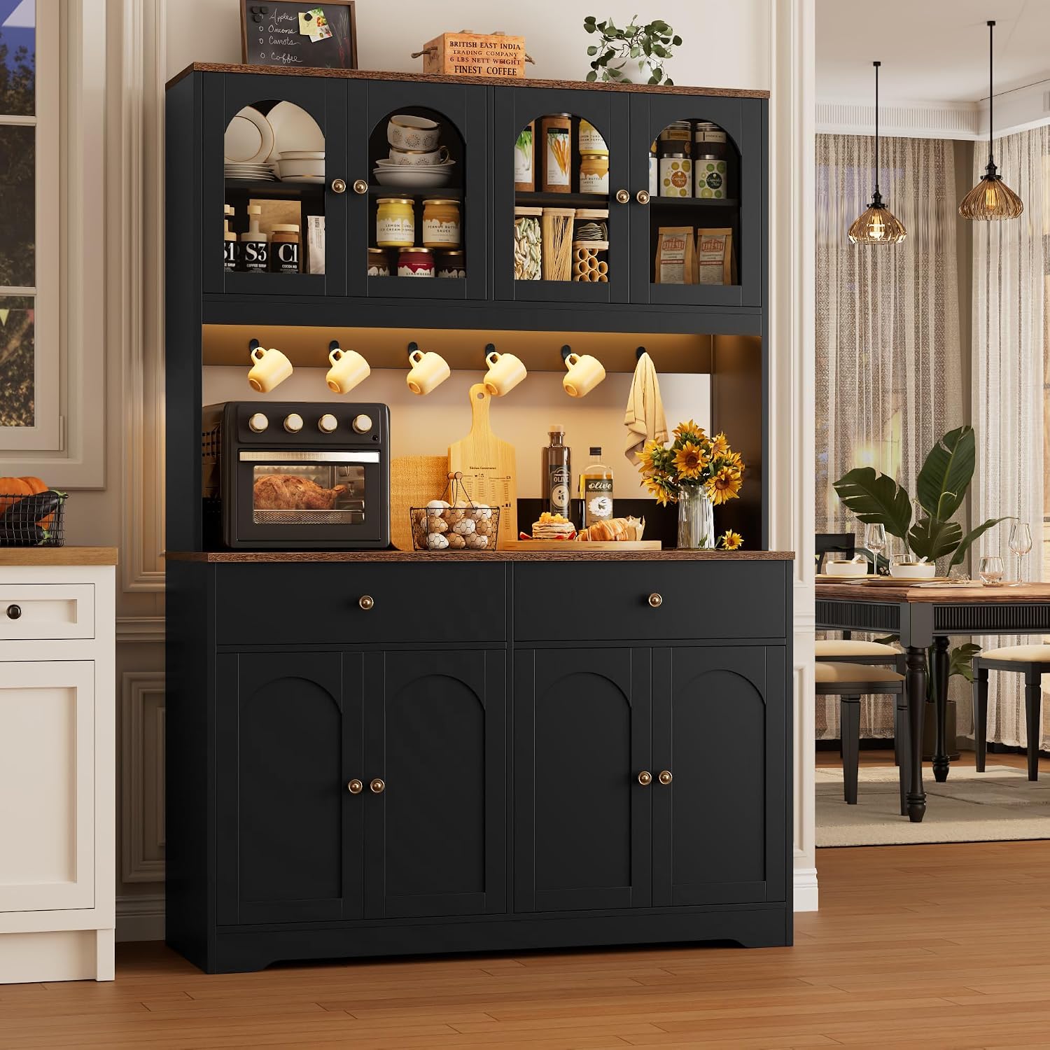 HIFIT 71' LED Kitchen Pantry Cabinet with Power Outlet, Large Kitchen Hutch Cabinet with 2 Storage Drawers & Arched Door, Countertop & Hooks, Tall China Bar for Dining Living Room (Black)