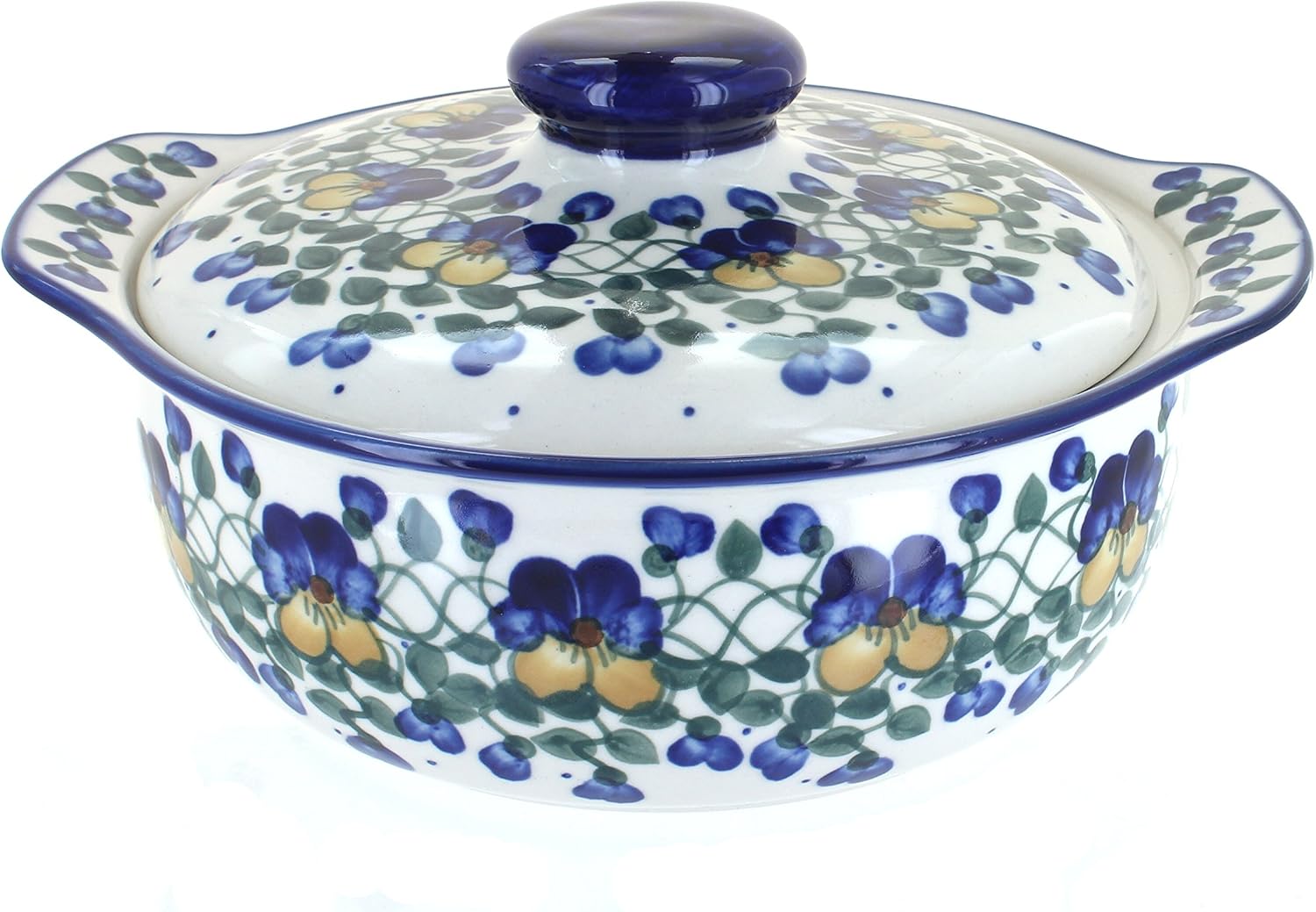 Blue Rose Polish Pottery Pansies Round Covered Baker