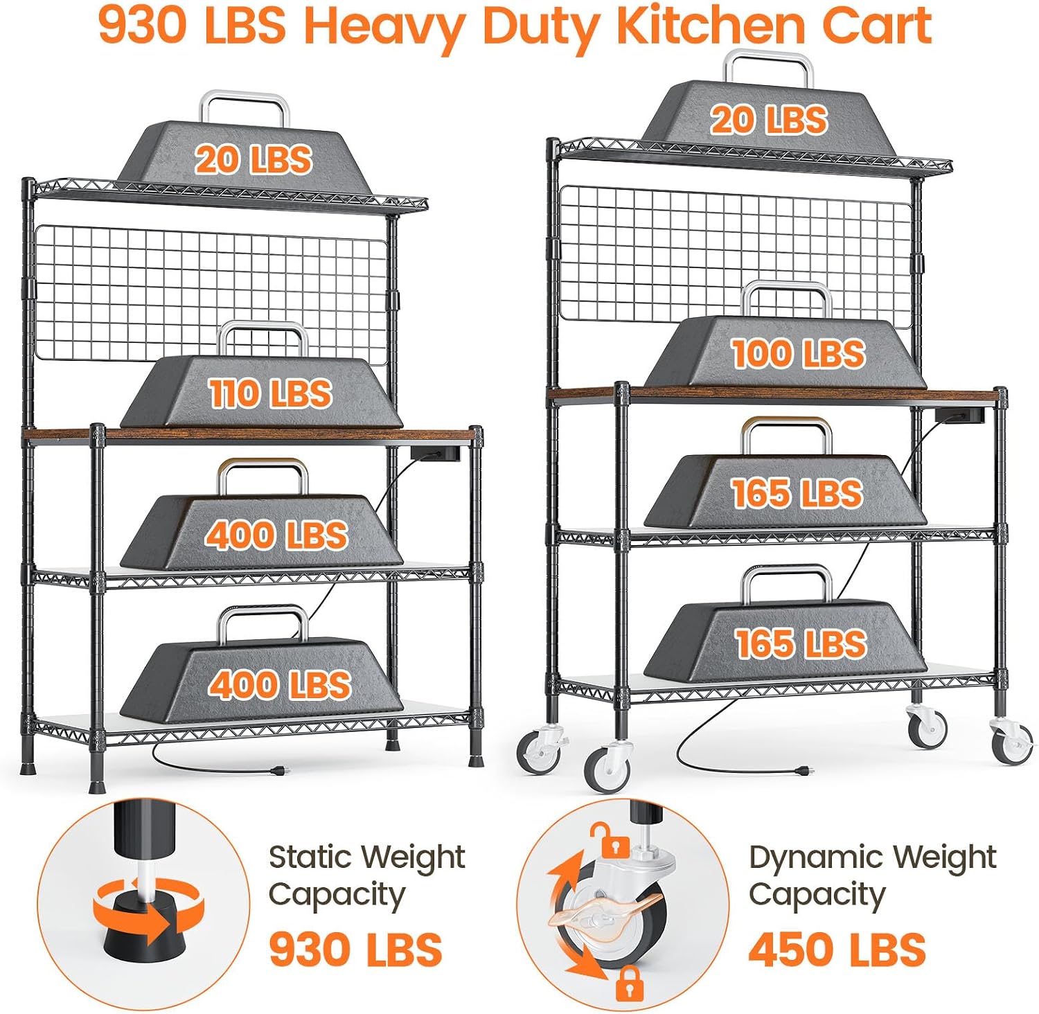 Leteuke Bakers Rack with Power Outlet & Storage, 36 Inch Microwave Stand Kitchen Cart, 4-Tier Metal Kitchen Shelves Cart with Wheels & 20 S-Hooks for Kitchen, NSF Certified, 63 x 18 x 36 Inch-Black