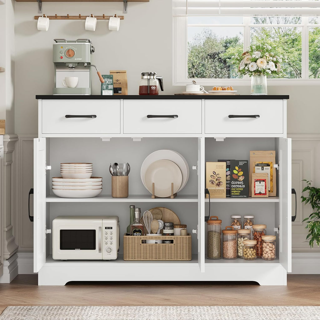 HOSTACK Modern Farmhouse Buffet Sideboard Cabinet, Barn Doors Storage Cabinet with Drawers and Shelves, Wood Coffee Bar with Storage for Dining Room, Kitchen, Living Room, White/Black
