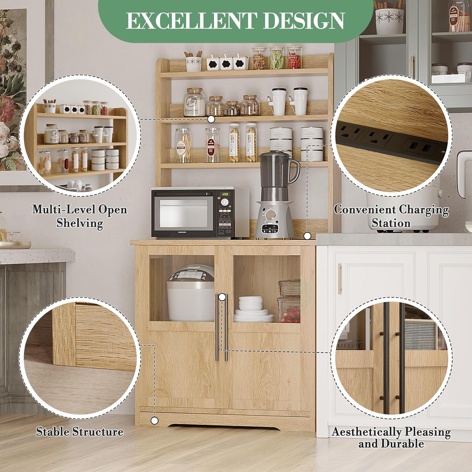 6-Tier Kitchen Bakers Rack,Storage, Power Outlet, and Glass Doors,Freestanding Farmhouse Coffee Bar Cabinet for Kitchen, Living Room, Dining Room,Natural Wood