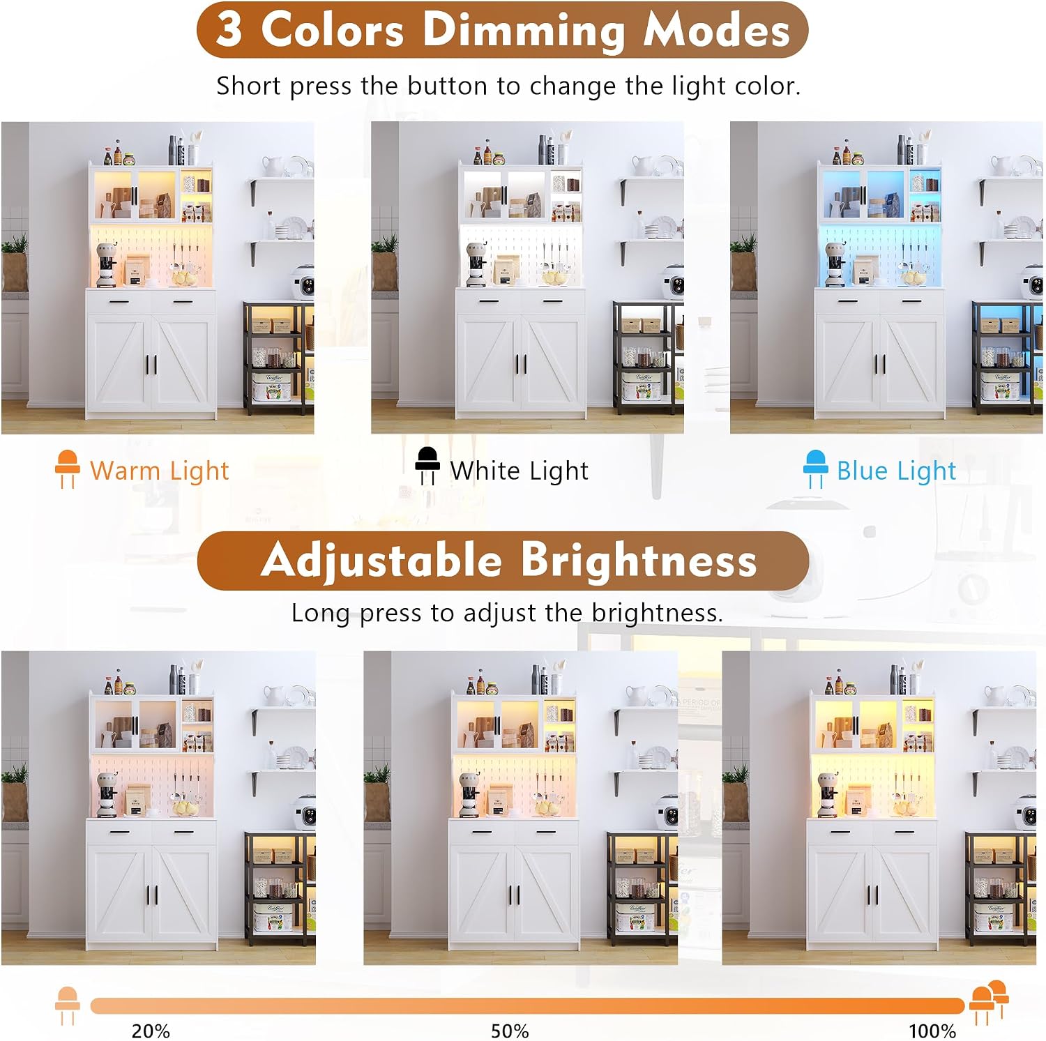 LED Kitchen Pantry Cabinet with Outlets, Farmhouse Storage Cabinet with Drawers & Adjustable Shelves, 64' Cupboard with Pegboard and Hooks for Dining Room (White)