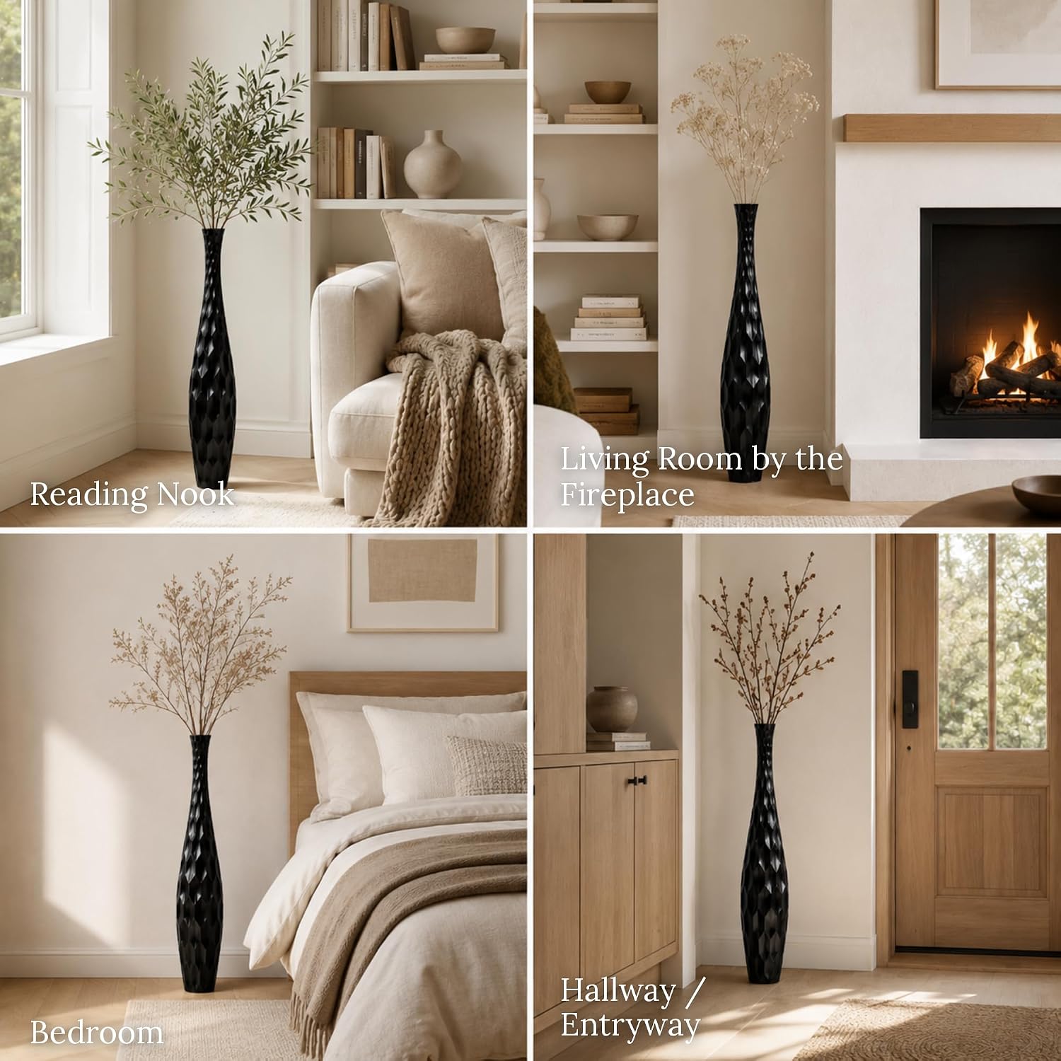 Leewadee Large Black Home Decor Floor Vase - Wooden 34 inch Tall Farmhouse Decor Flower Holder for Fake Plant and Pampas Grass
