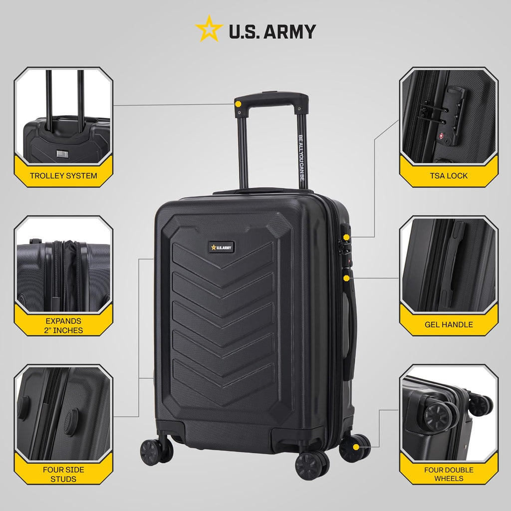 US Army Fox Pro 20 inch Expandable Carry-On Suitcase with TSA Lock for Travel | Lightweight Hardside Luggage with Spinner Wheels, Chevron Icon, Gel Handle, Retractable Trolley, Side Studs | Black