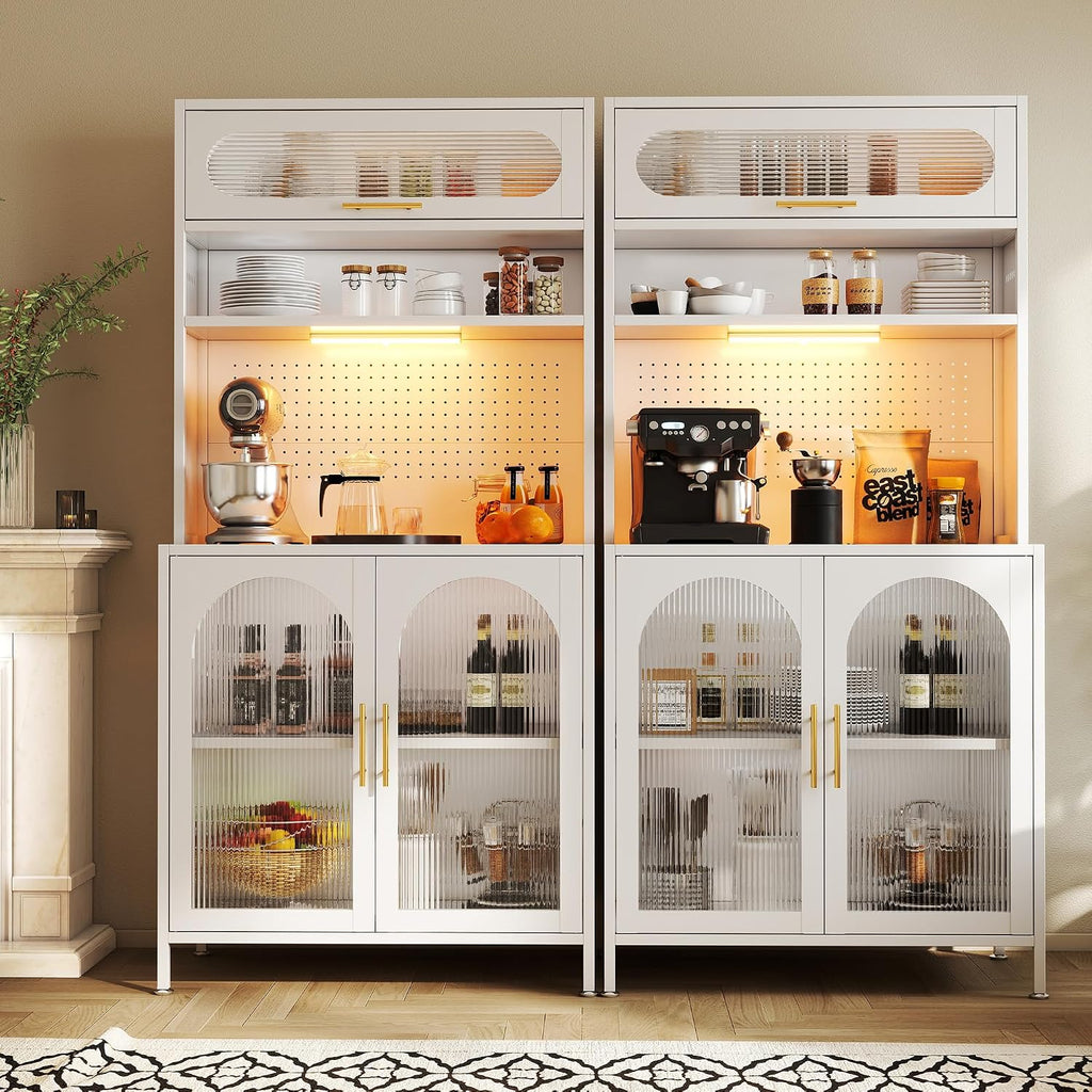 BECHEAO 5 Tier Metal Kitchen Pantry Storage Cabinet with LED Sensor Light, 66' Tall Food Pantry Cabinet, DIY Pegboard, Adjustable Shelves, Microwave Stand & Coffee Bar with Storage for Kitchen, White