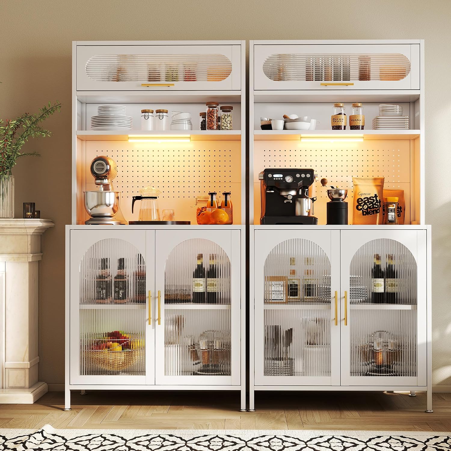 BECHEAO 5 Tier Metal Kitchen Pantry Storage Cabinet with LED Sensor Light, 66' Tall Food Pantry Cabinet, DIY Pegboard, Adjustable Shelves, Microwave Stand & Coffee Bar with Storage for Kitchen, White