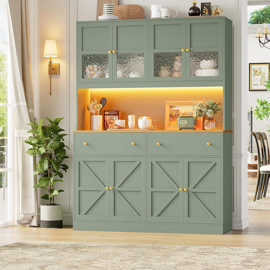 FINETONES 71' Pantry Cabinet with LED Light and Charging Station, Farmhouse Kitchen Pantry Cabinet with Microwave Stand, 47.2' Wide Kitchen Hutch Food Pantry with Open Countertop, Green