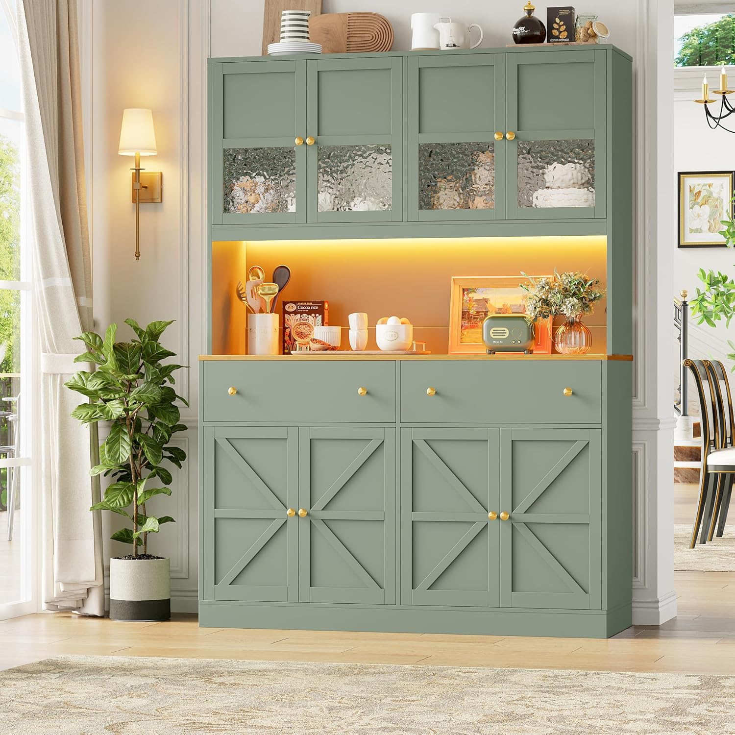 FINETONES 71' Pantry Cabinet with LED Light and Charging Station, Farmhouse Kitchen Pantry Cabinet with Microwave Stand, 47.2' Wide Kitchen Hutch Food Pantry with Open Countertop, Green