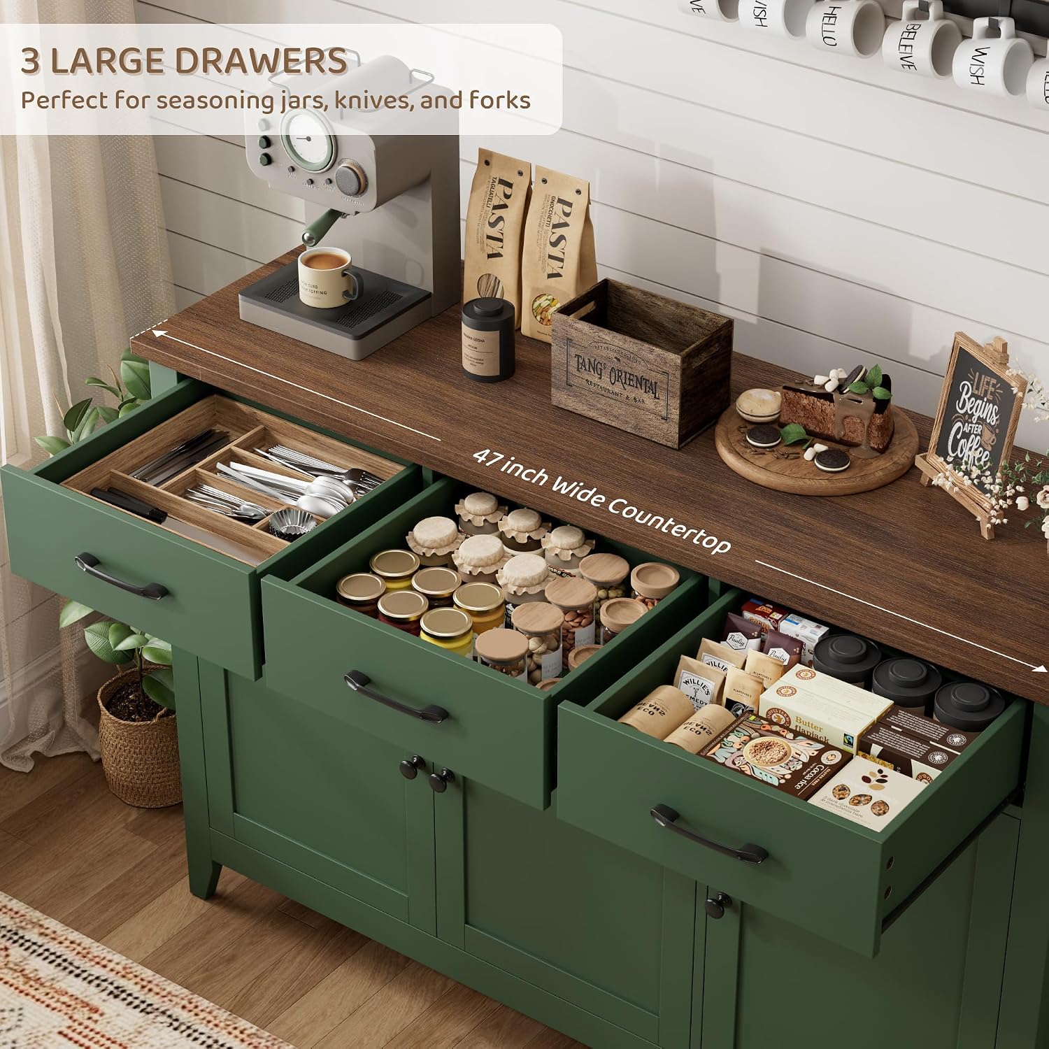 HORSTORS 47' Buffet Cabinet with Storage, Kitchen Buffet Table with Drawers, Modern Farmhouse Coffee Bar Storage Cabinet with Adjustable Shelf, Wood Sideboard for Dining Room, Kitchen, Entryway, Green
