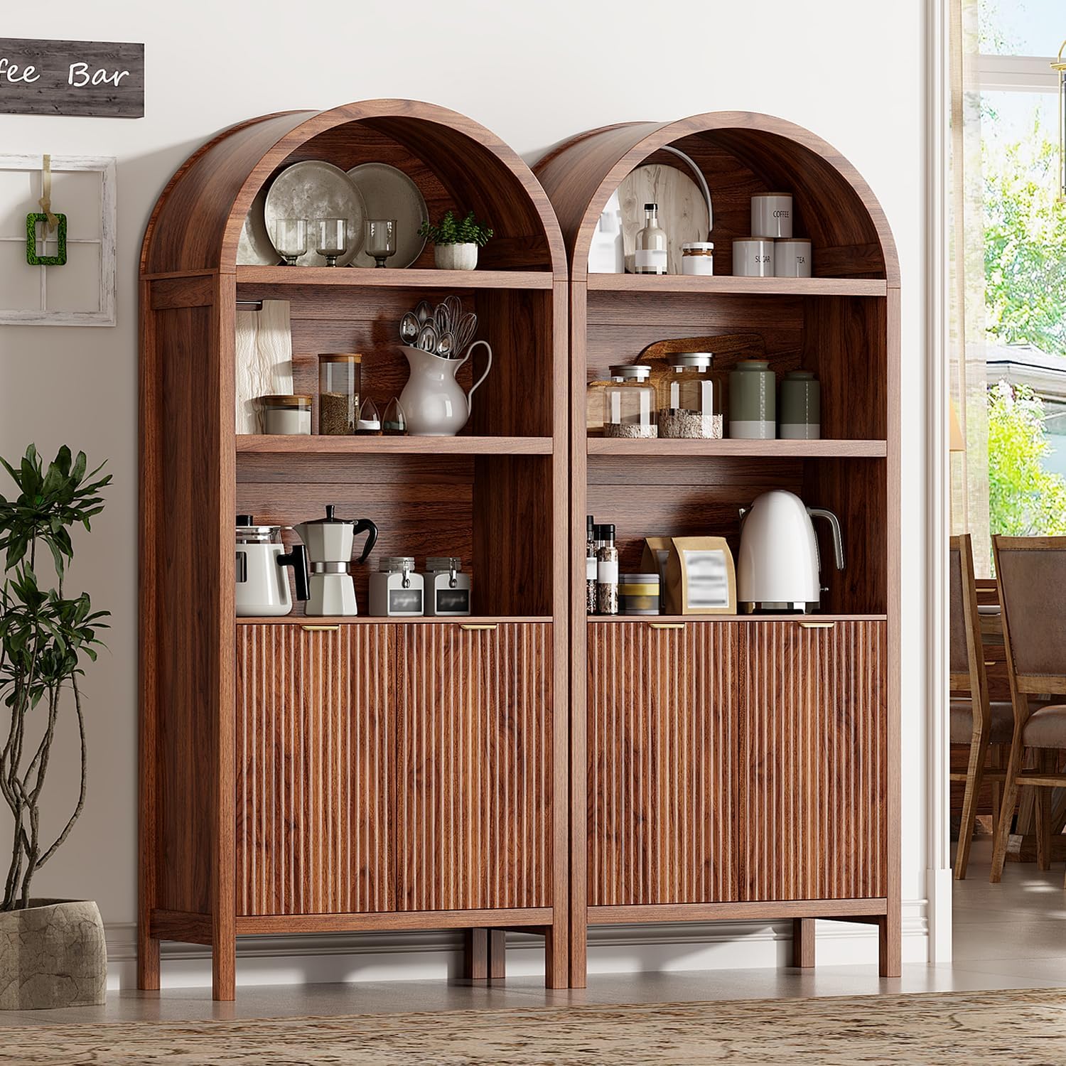 Ieejdn 71' Tall Arched Kitchen Pantry,Modern Fluted Wood Storage Cabinet with Doors,Adjustable Shelves,Organizer, Versatile Cupboard for Kitchen,Living Room,Dining Room,Bathroom,Walnut3