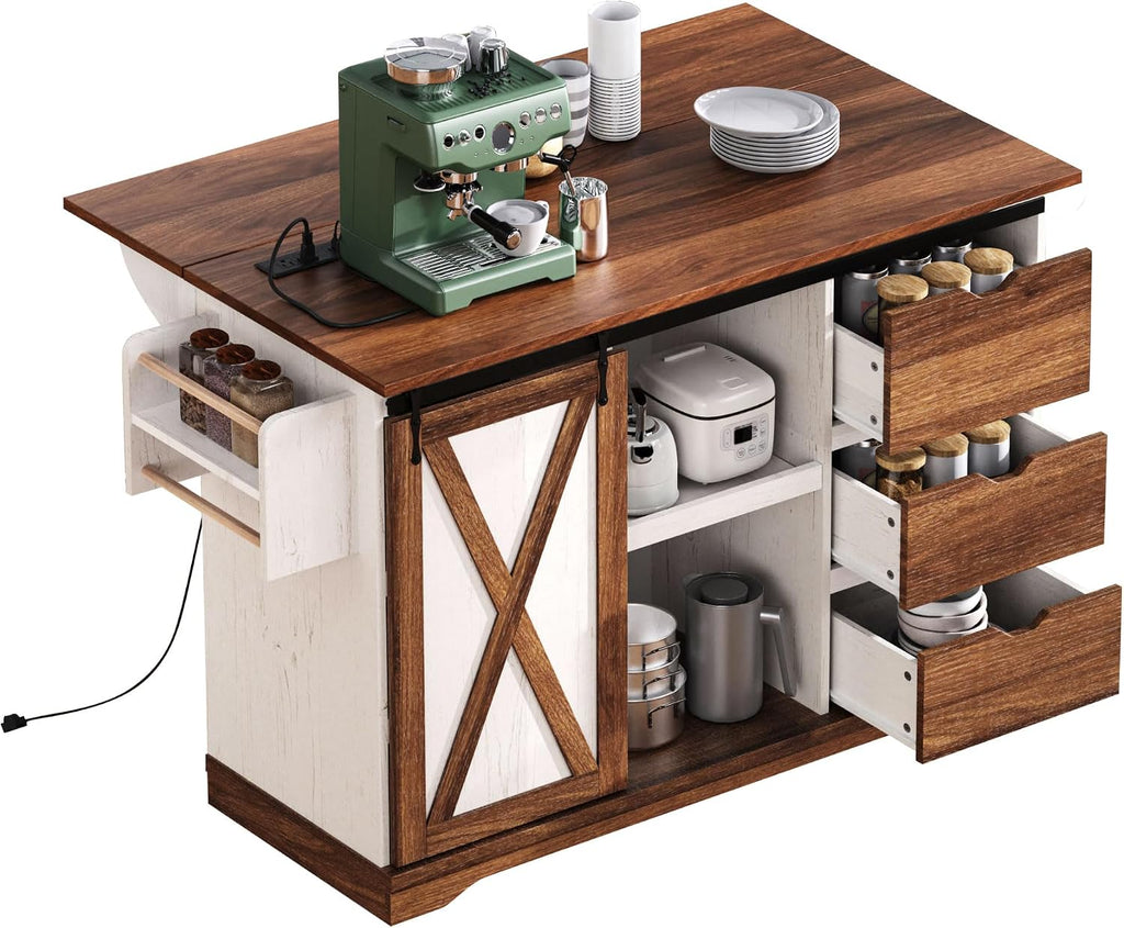 55.5' Farmhouse Kitchen Island with Drop Leaf, Kitchen Storage Island with Barn Door, Power Outlet, Rolling Kitchen Cart on Wheels with Spice Rack, for Home, Kitchen, Dining Room (White)
