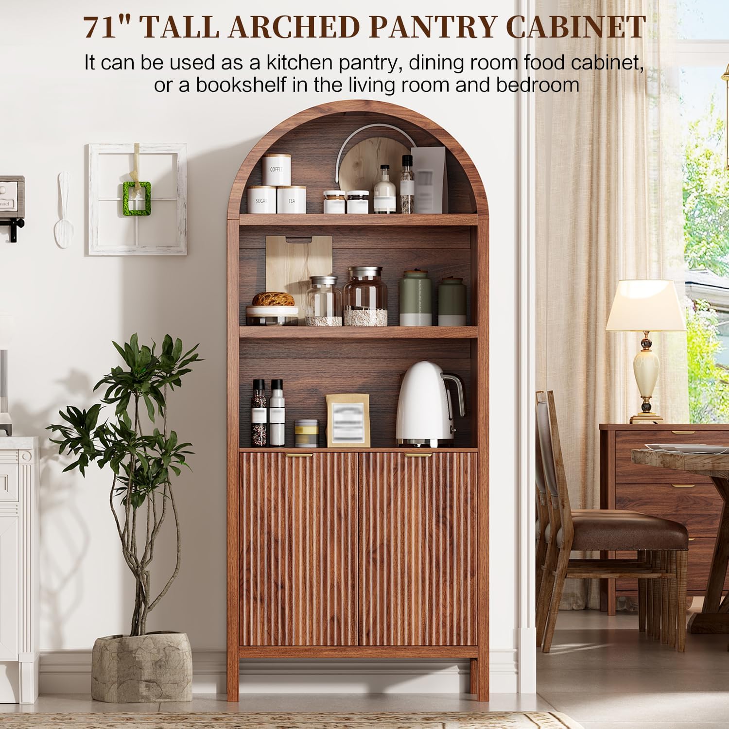 Ieejdn 71' Tall Arched Kitchen Pantry,Modern Fluted Wood Storage Cabinet with Doors,Adjustable Shelves,Organizer, Versatile Cupboard for Kitchen,Living Room,Dining Room,Bathroom,Walnut3