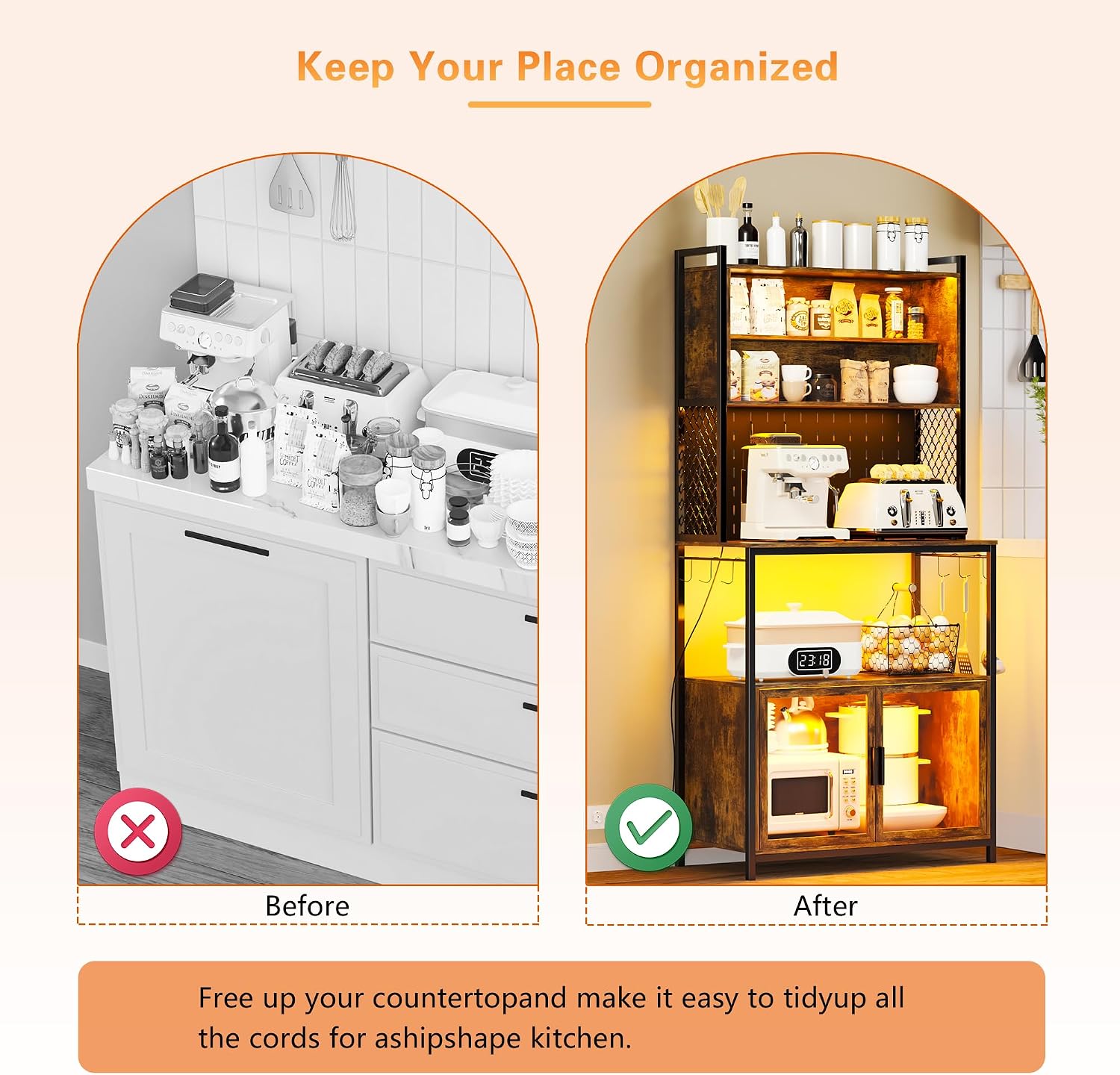 67'' LED Kitchen Pantry Cabinet with Pegboard, 3 Color Dimmable Bakers Rack with Charging Station Adjustable Shelves and Hooks, Microwave Stand with Storage